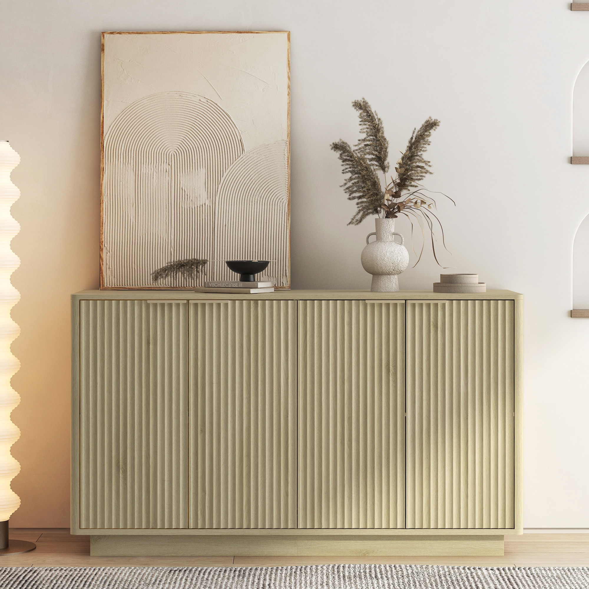 LOVMOR - Wood Modern Buffet Cabinet with Storage Fluted Sideboard Large Buffet with Adjustable Sh...