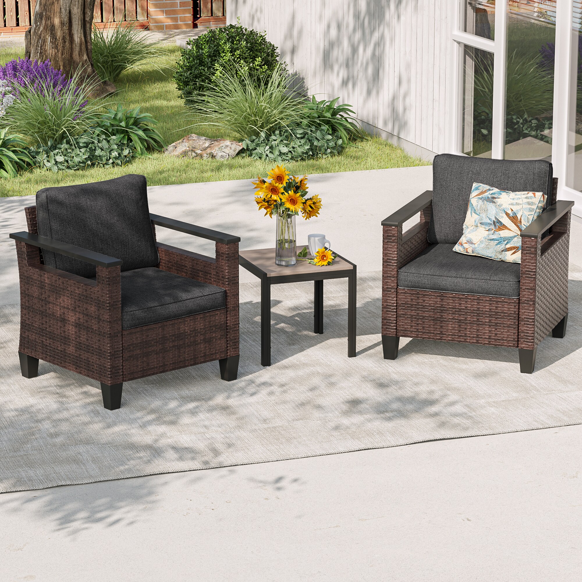 Sonkuki SD-A-HNY 3-Piece Wicker Patio Conversation Set with Black Cushions