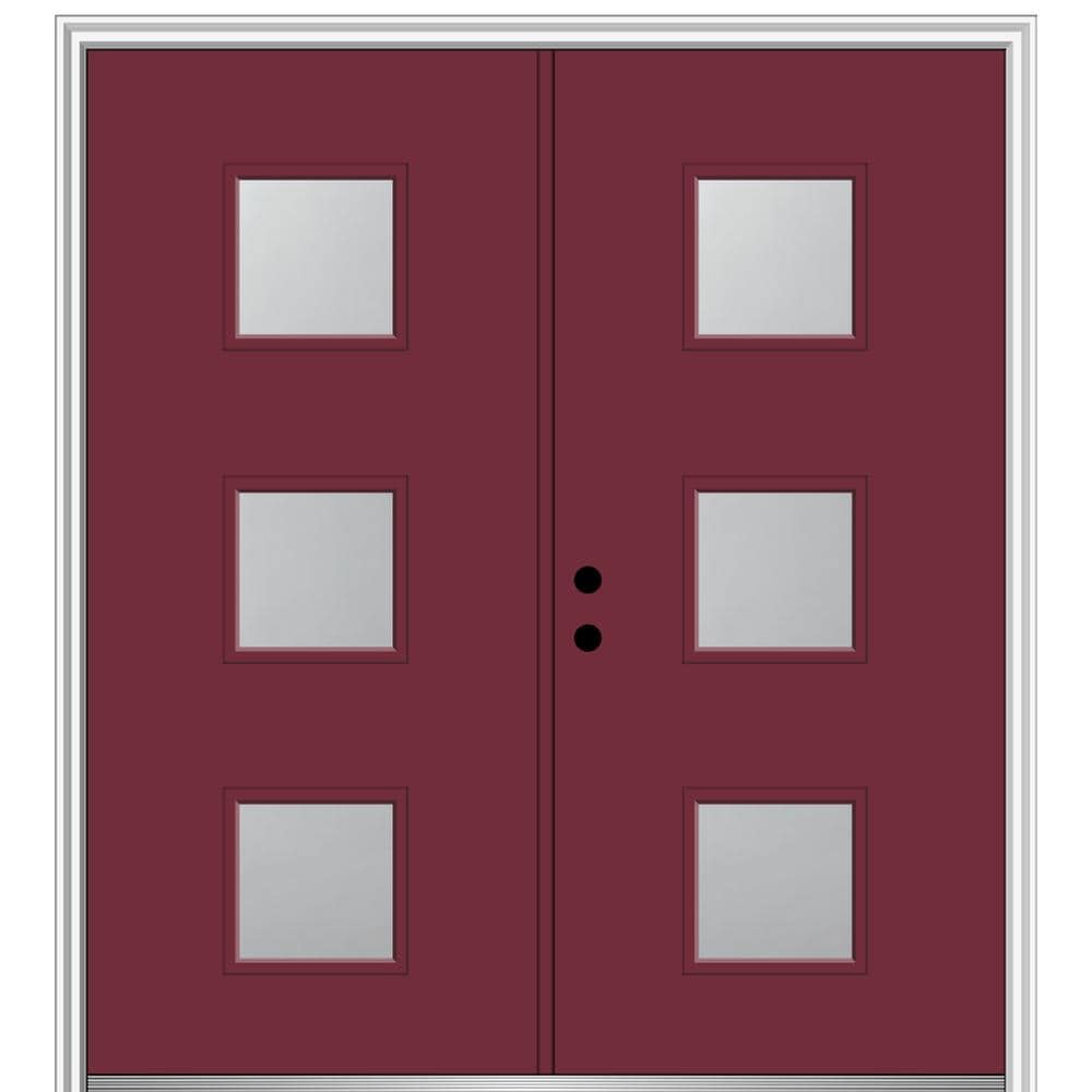 MMI DOOR ZZ350173R Spotlights 72-in x 80-in x 6-9/16-in Fiberglass Pulse lite Right-hand inswing Burgundy Painted Prehung Double Front Door with Brickmould Insulating core