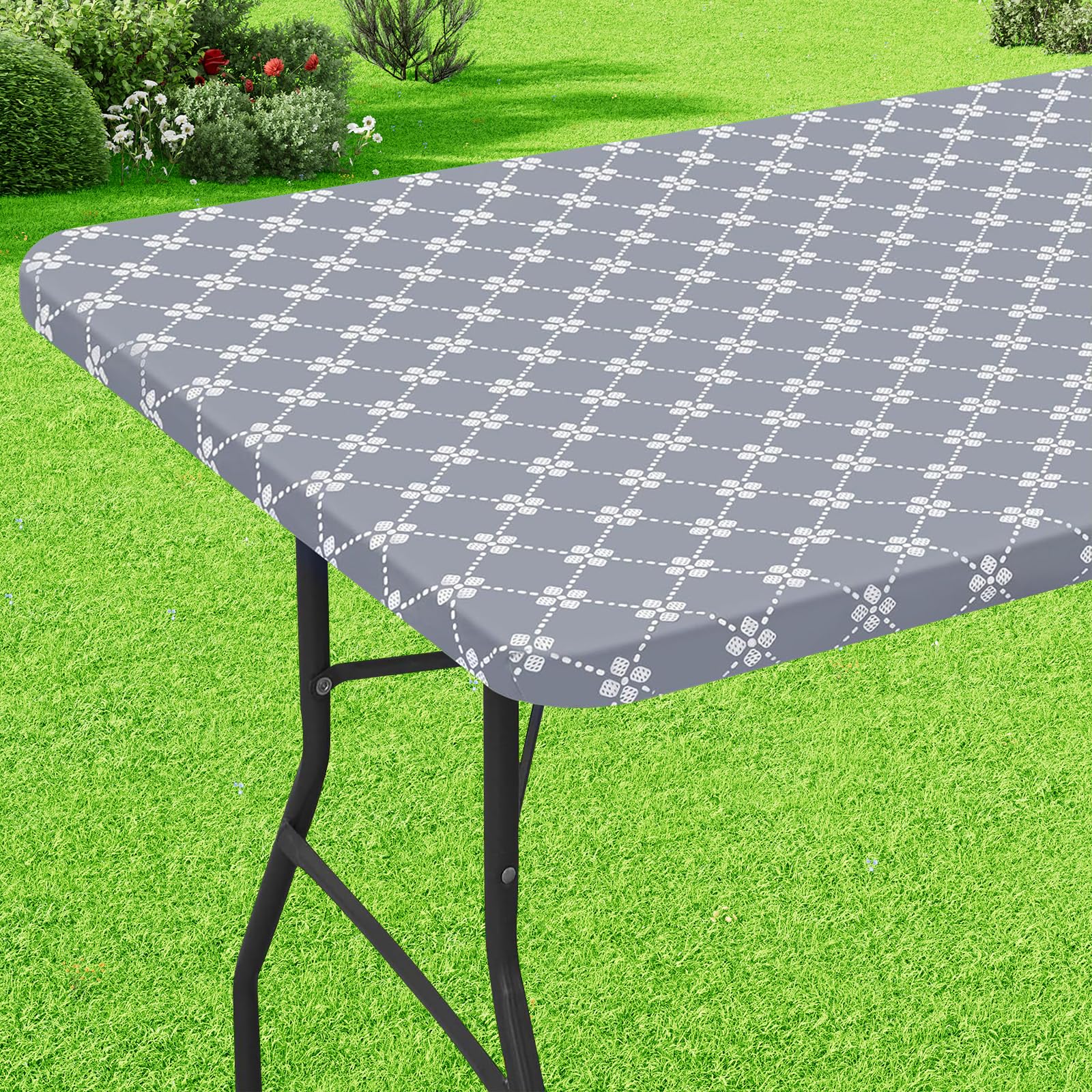 ITOPFOX Rectangle Vinyl Table Cloth Elastic Fitted Tablecloth with Flannel Backing Waterproof Plastic Table Cover Fits Six Foot Folding Tables #LIT0803I046