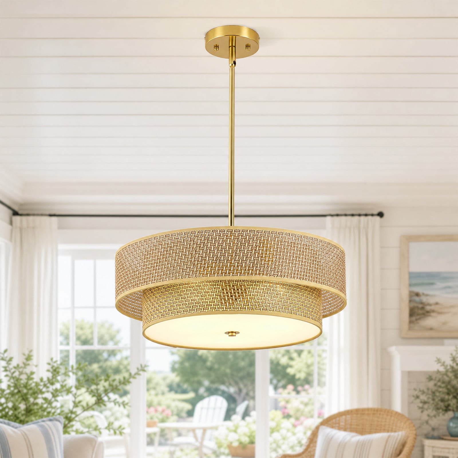 kanslol 3-Light Rattan Pendant Light with Brass Finish Woven Drum Shade Hanging Ceiling Light