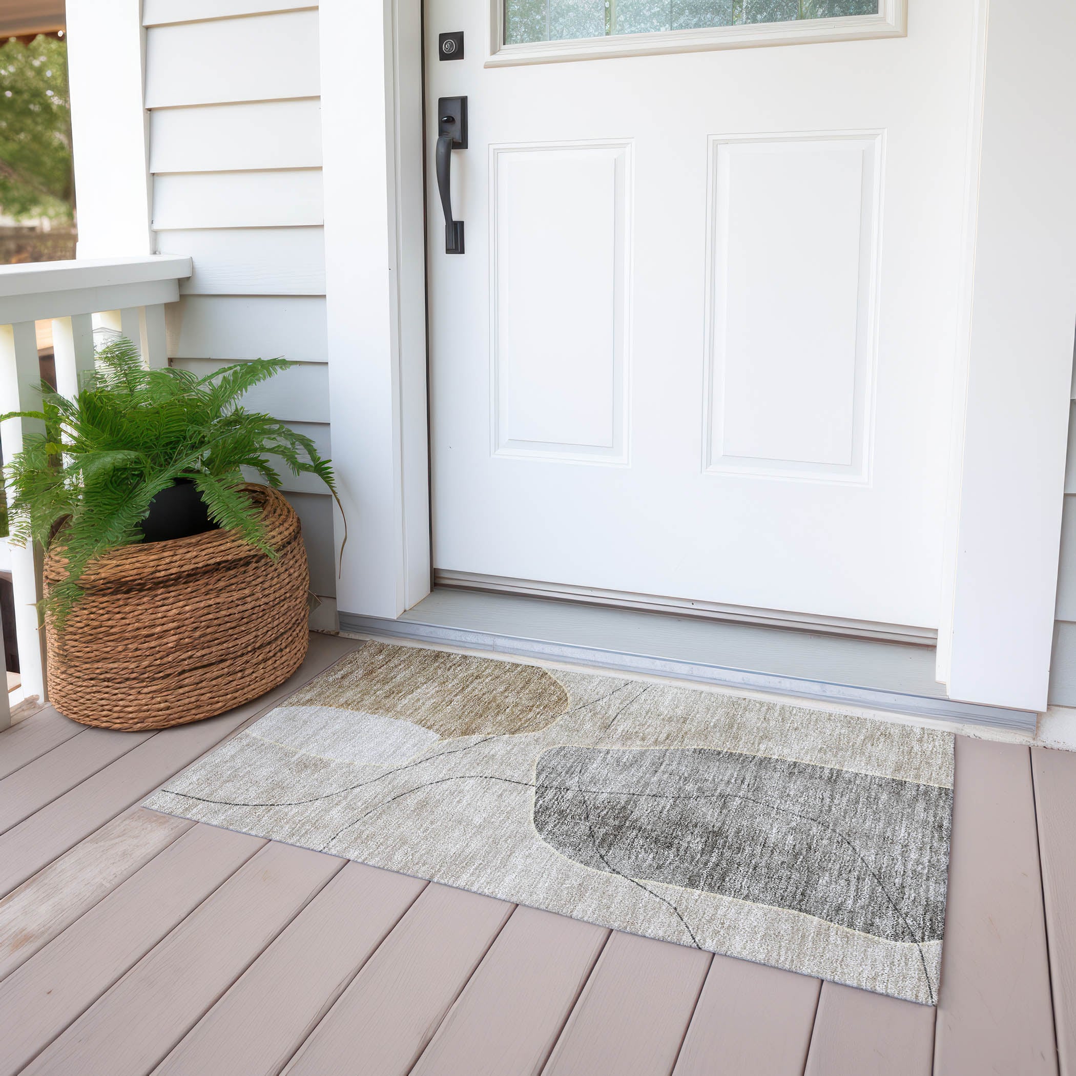 Beige and Gray Synthetic Rectangular Washable Area Rug