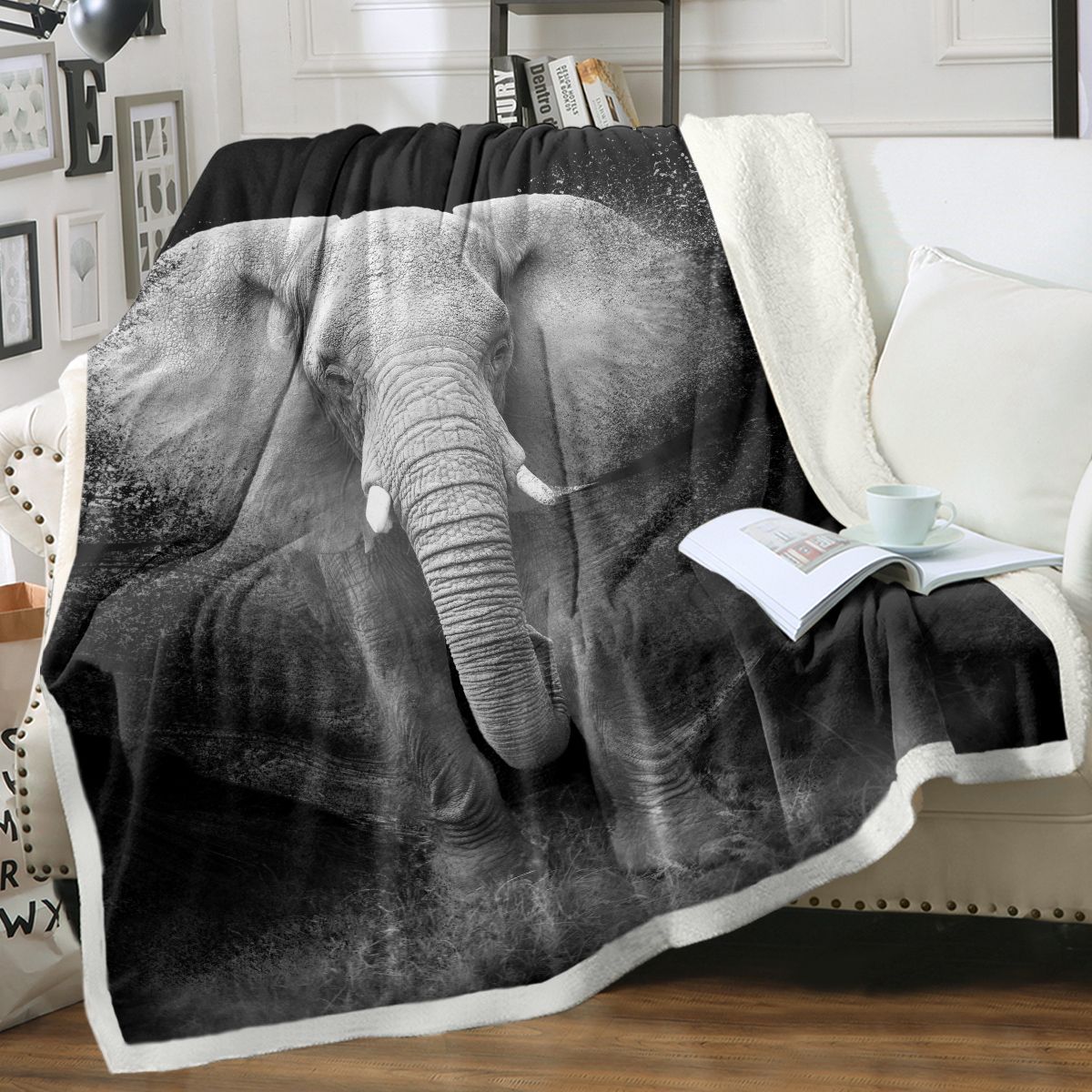 JUSHUA 3D Elephant Printed Sherpa Fleece Blanket for Couch Sofa Bed is Soft Cozy Fuzzy Black Galaxy Elephant Gifts for Women Adults and it is 130 by 150cm and Temu can only be self picked up