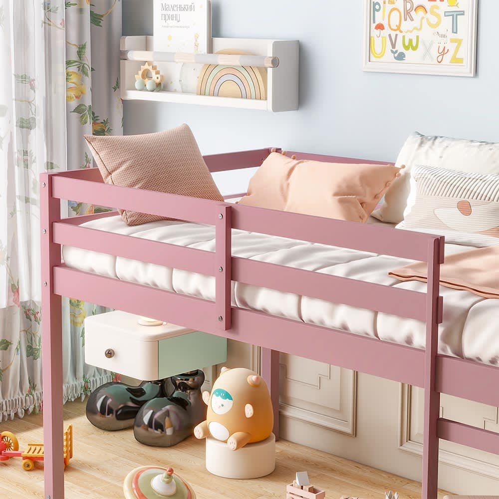 JUJABU ZJTWINBED-4 Pink Solid Wooden Rubber Wooden Twin Loft Bed with Ladder Bed Platform of Strengthened Slats for Bedroom