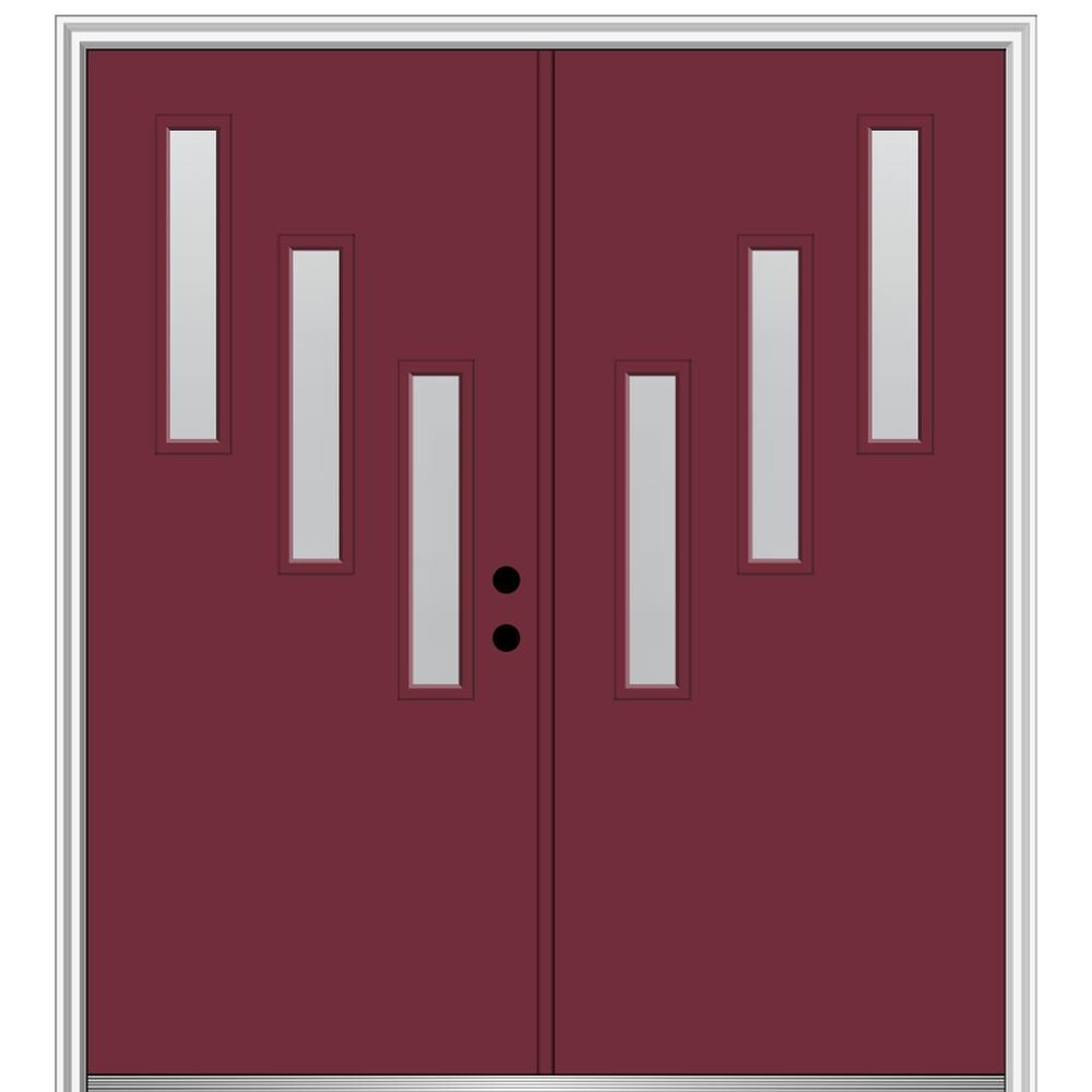 MMI DOOR ZZ347989L Spotlights 72-in x 80-in x 4-9/16-in Fiberglass Pulse lite Left-hand inswing Burgundy Painted Prehung Double Front Door with Brickmould Insulating core