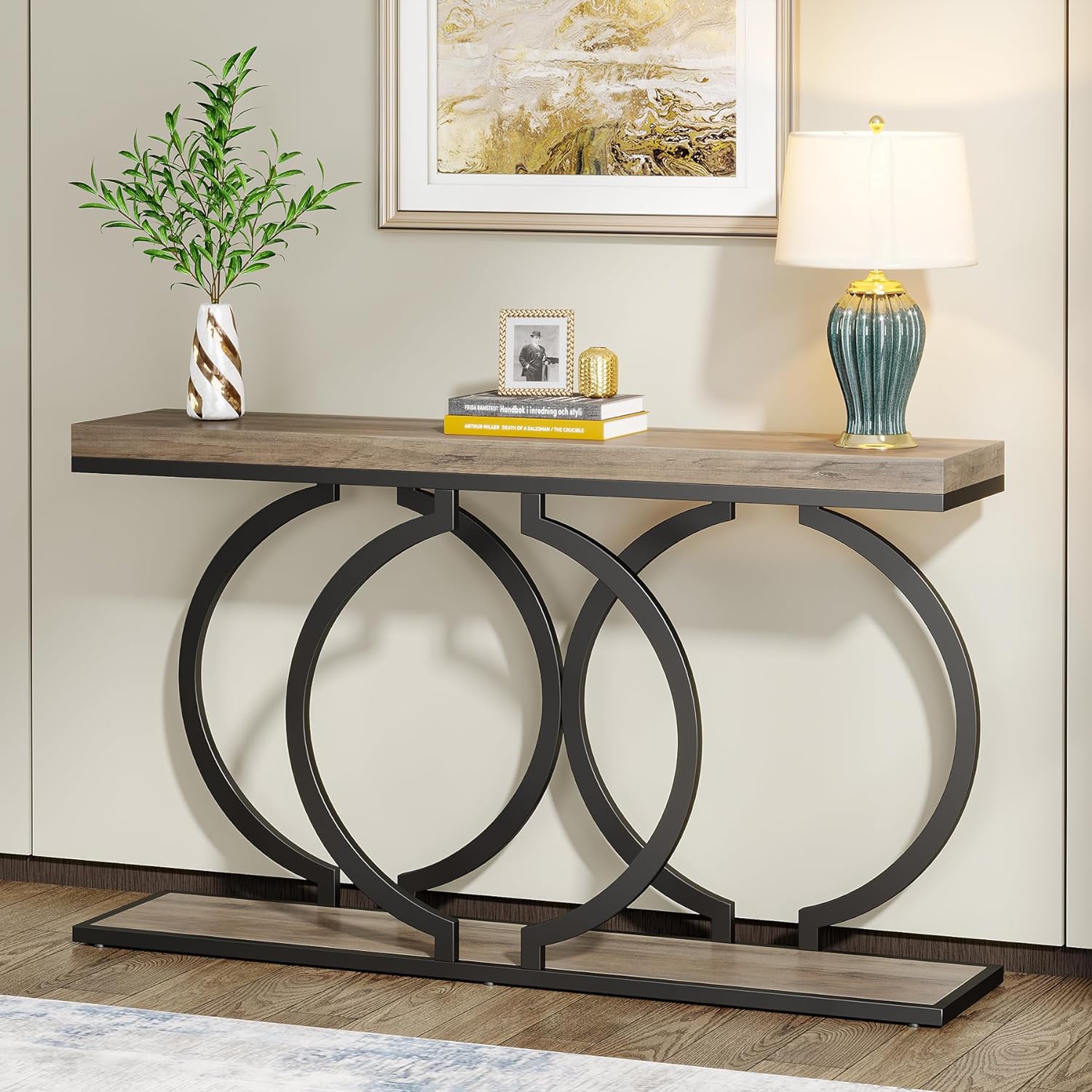 Tinyhomie Industrial Console Table 55in Narrow Long Entryway Sofa Table with Geometric Metal Frame and Vintage Grey Wood Top