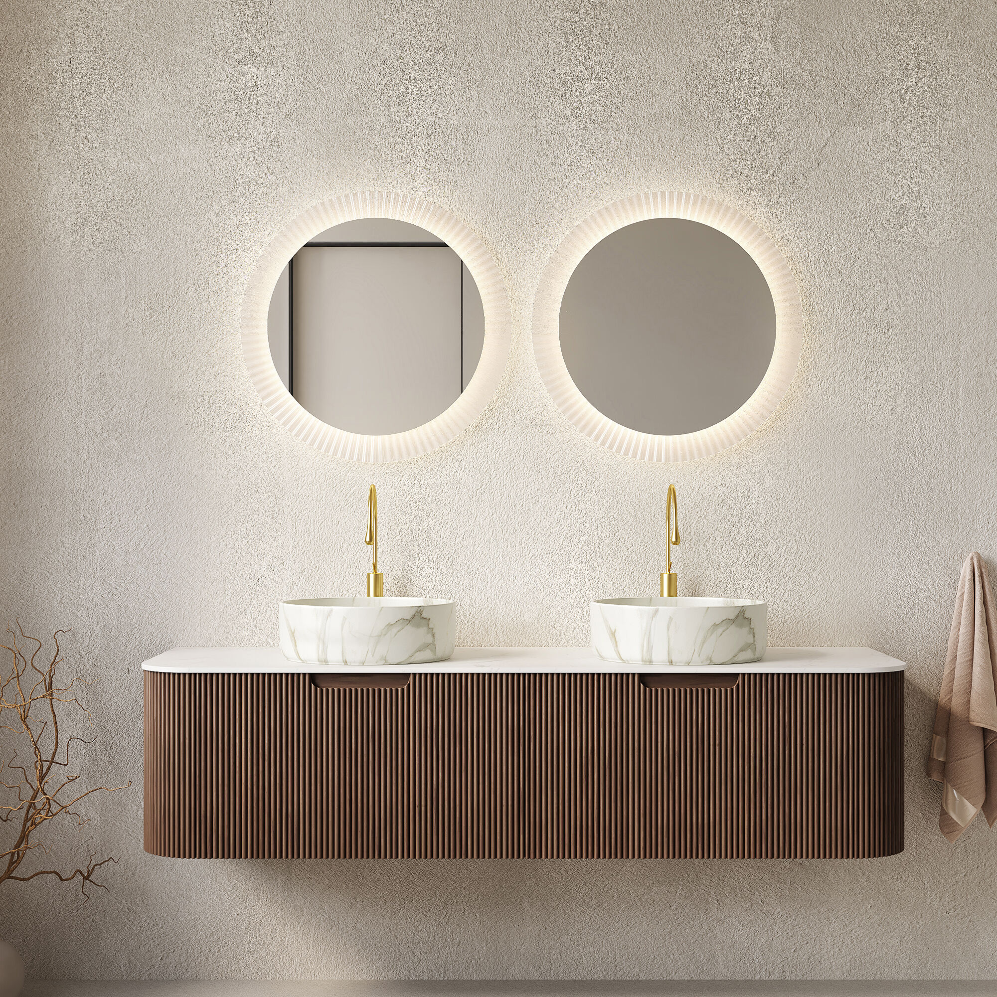 GLANZEND  18.9-in D x 59.84-in W x 19.33-in H Floating Bathroom Vanity Ceramic Sintered Stone Dark Walnut White Ceramic Basin Soft Close Ample Storage Storage Countertop