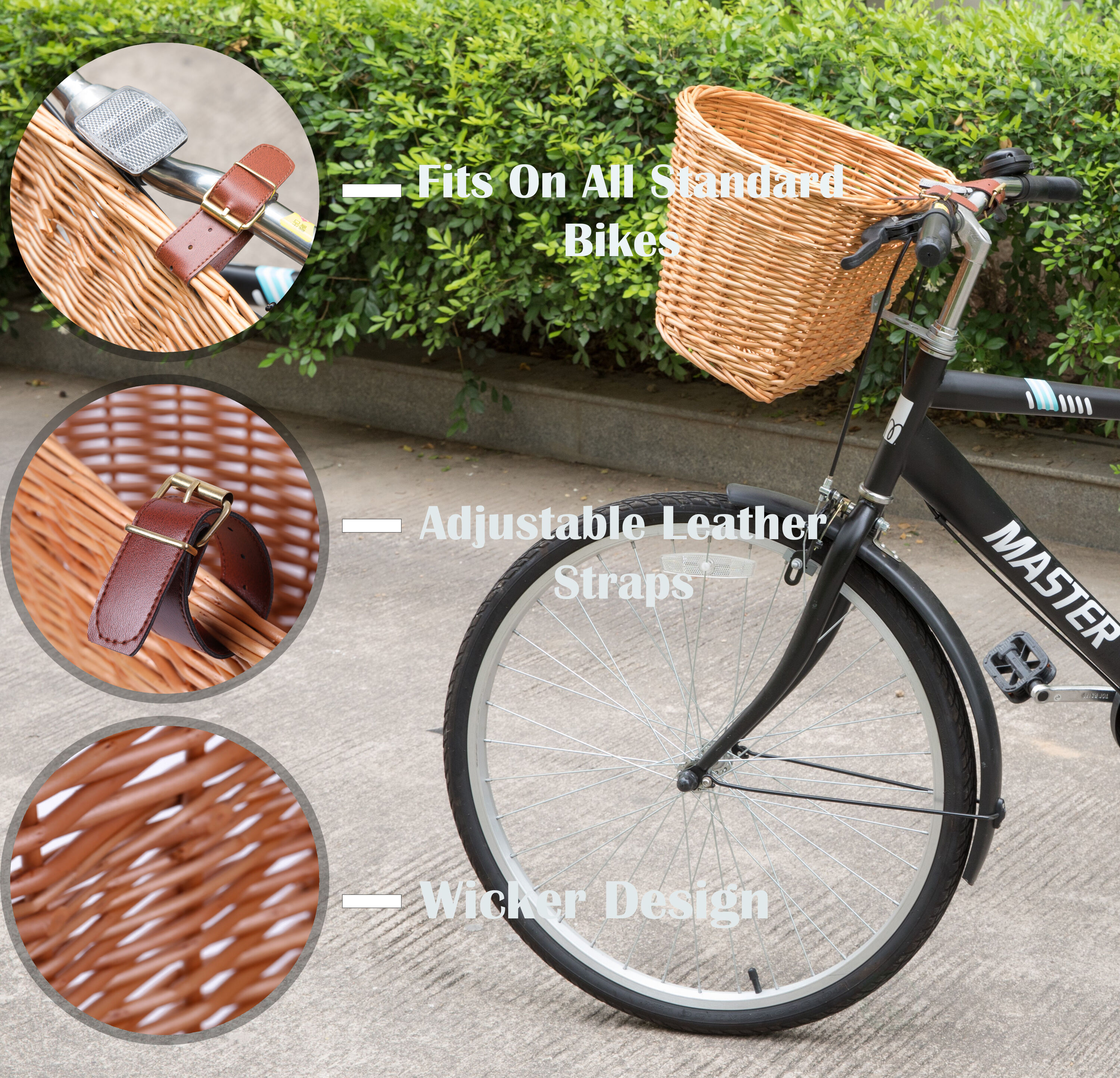 Brown Wicker Front Bike Basket with Faux Leather Straps