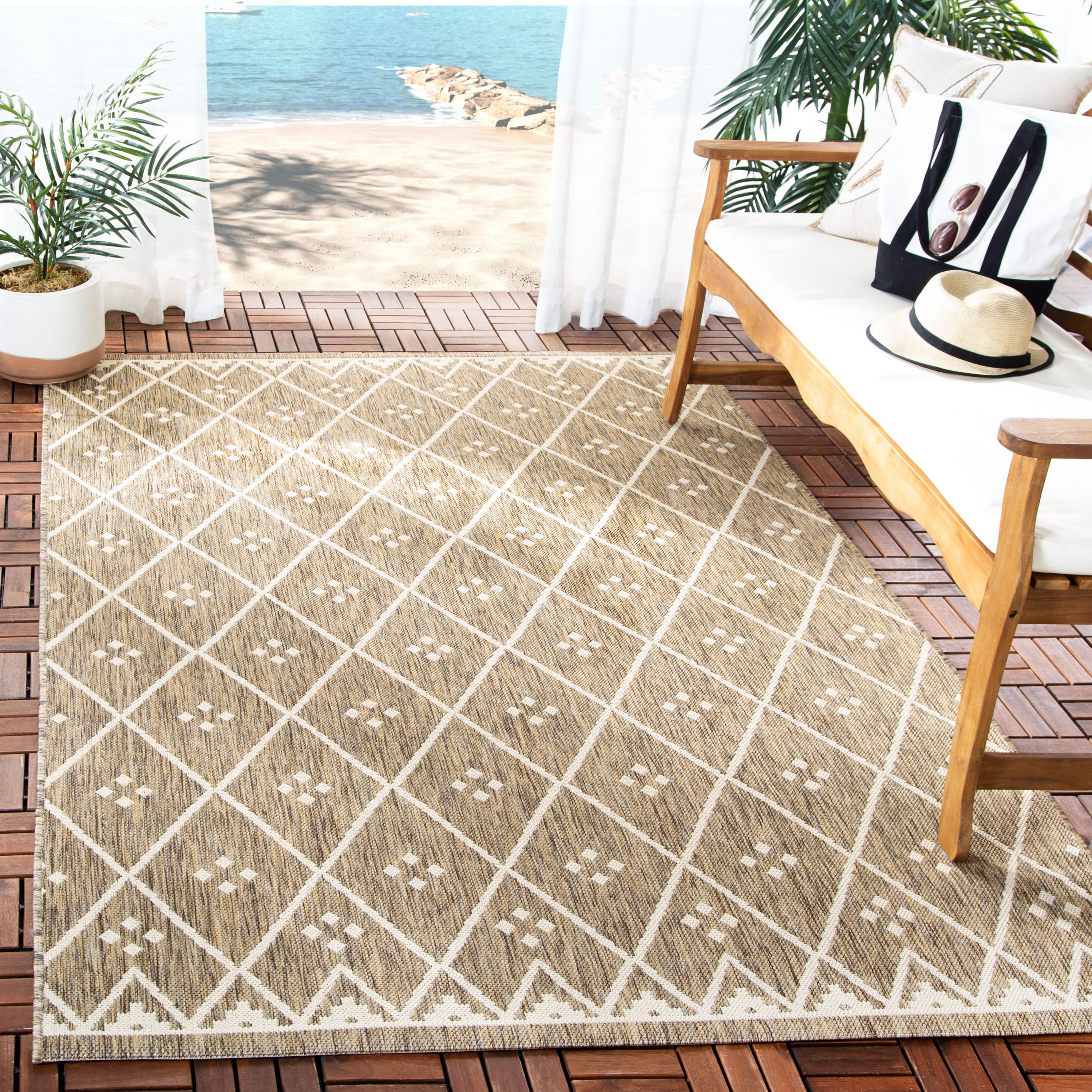 Safavieh CY6303-232-5 Courtyard Essa 5 x 8 (ft) Loomed Polypropylene Brown/Light Beige Rectangular Indoor/Outdoor Trellis Coastal Area rug