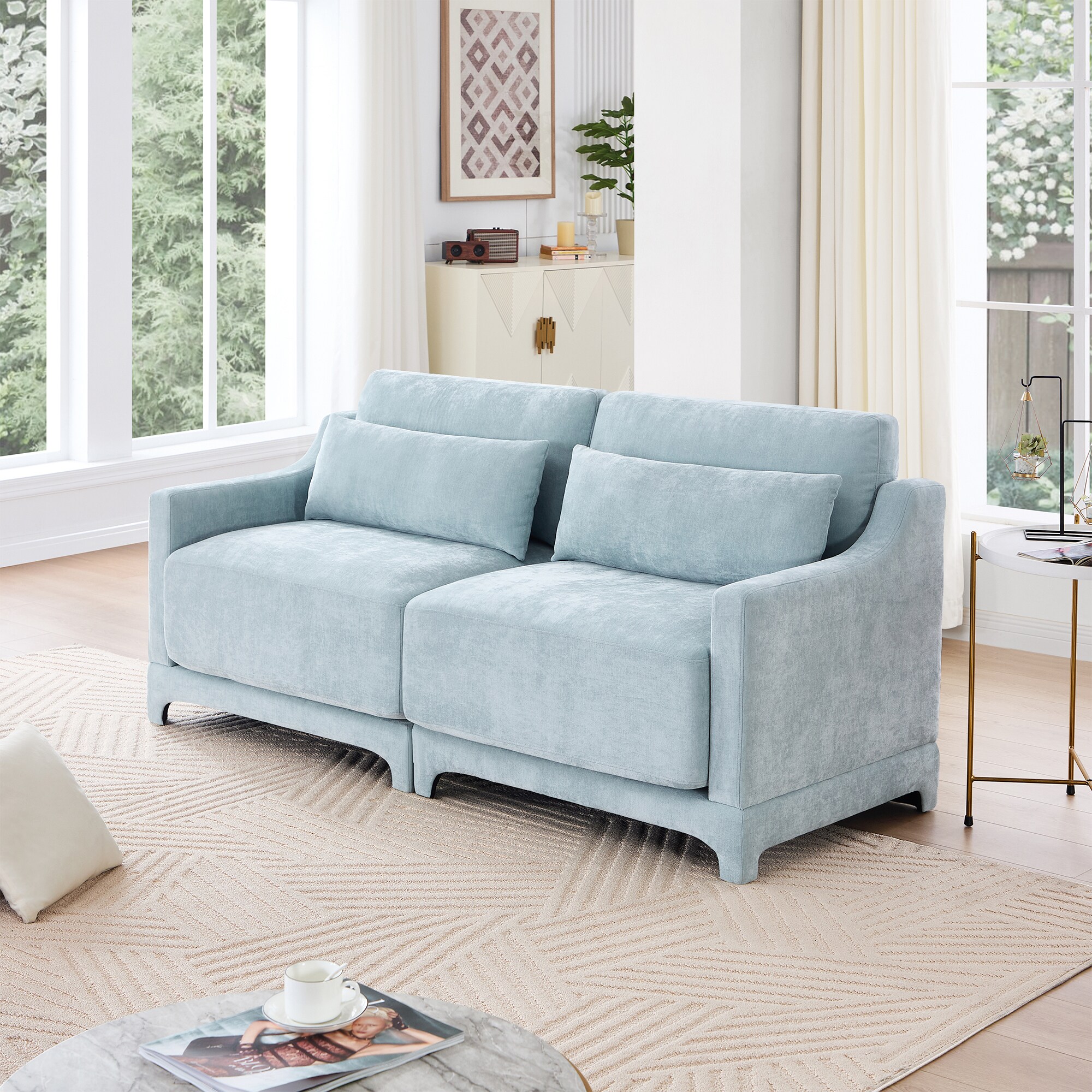 Homy Casa - CHOCELATY Two Seater Sofa 73.2 inch Aquamarine Chenille Fabric Ergonomic Design High ...