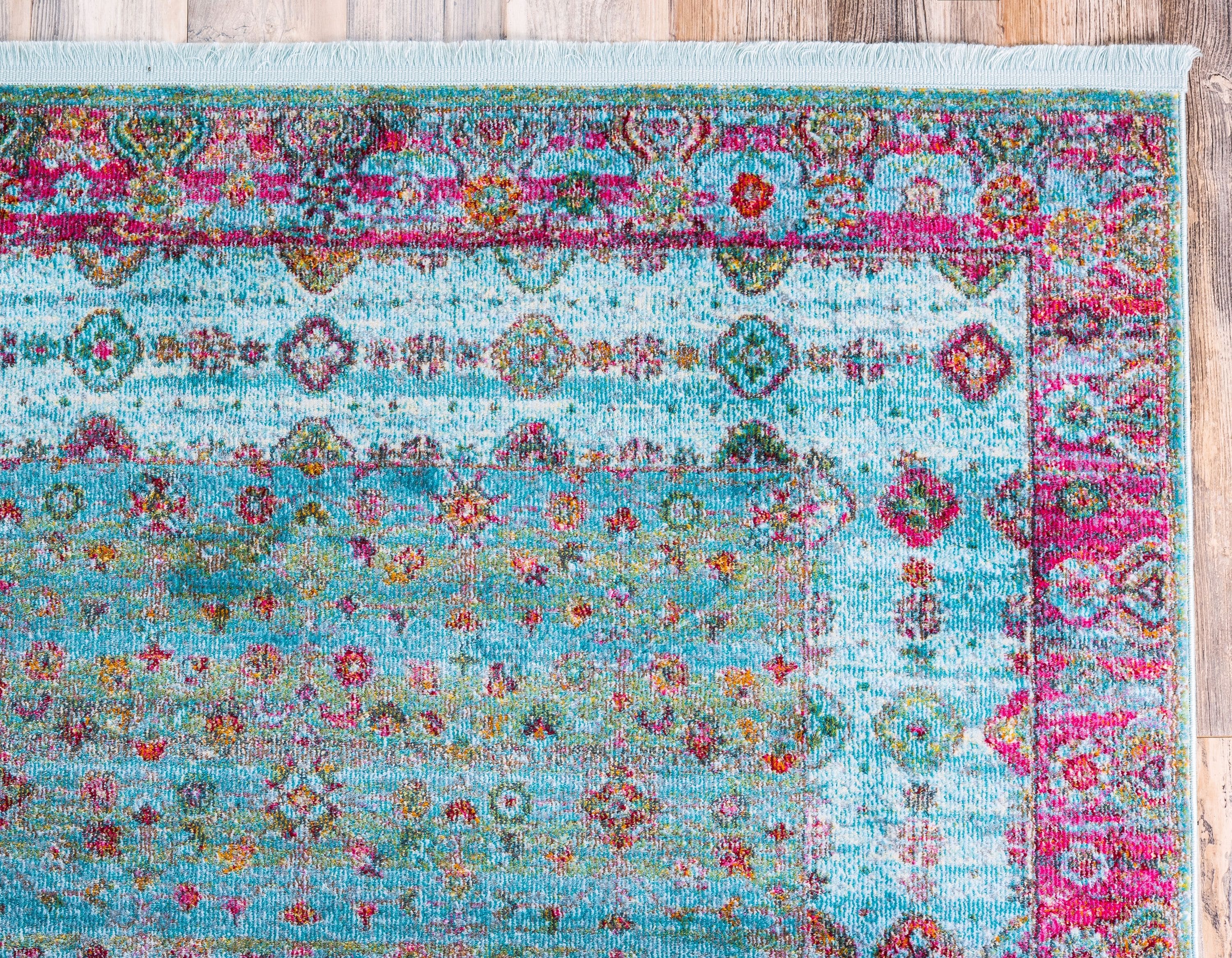 Blue and Pink Rectangular Synthetic Vintage Area Rug