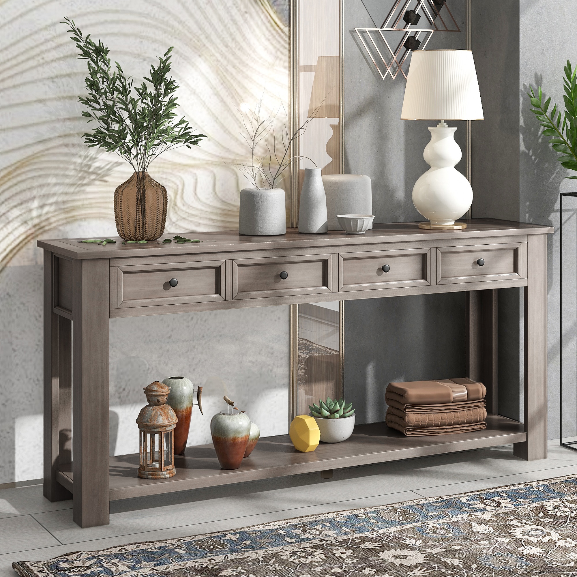 ModernLuxe WF287219AAE Console TableSofa Table with Storage Drawers and Bottom Shelf for Entryway Hallway Gray Wash