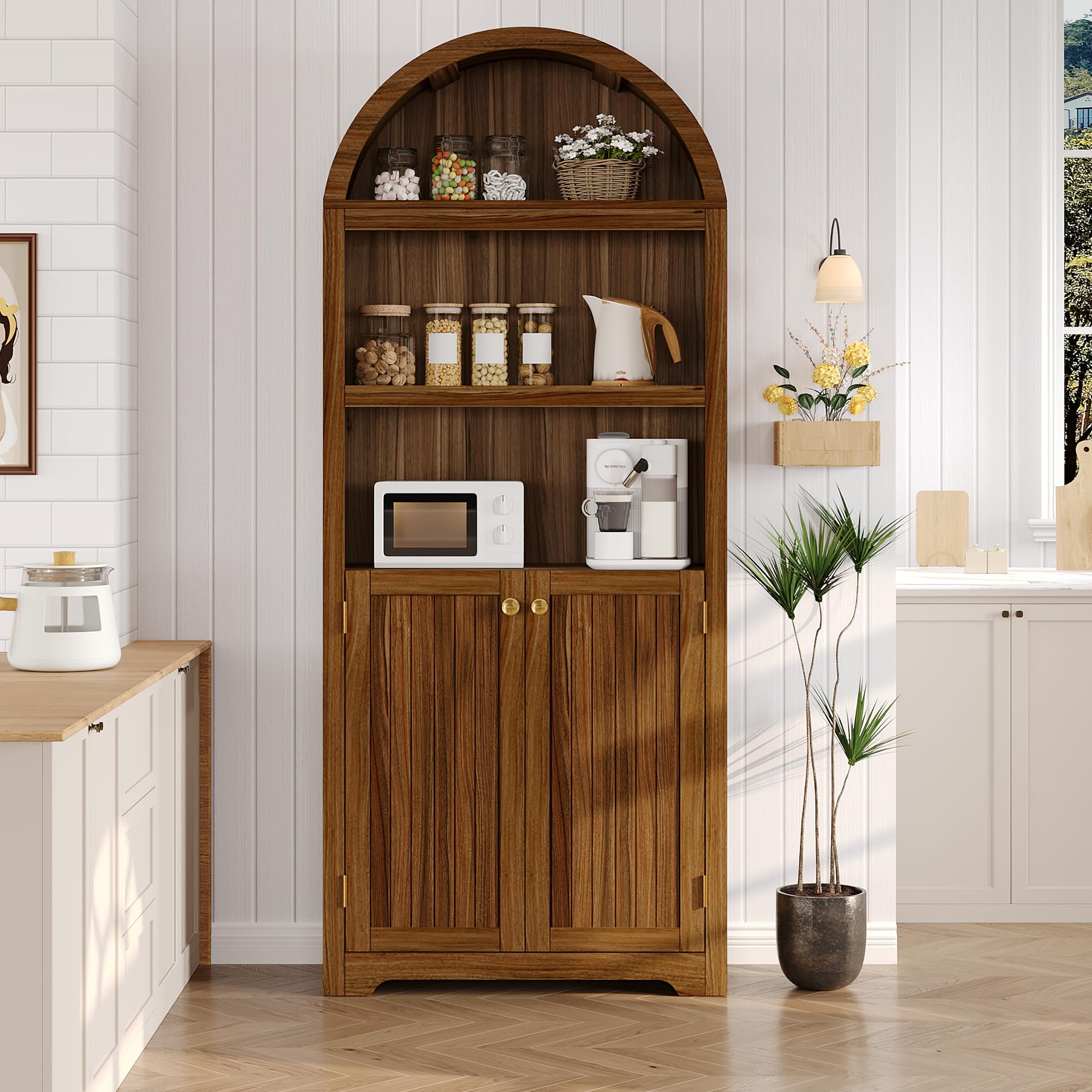 GarveeLife 72-in Arched Kitchen Pantry Cabinet with Doors 5-Tier Wooden Storage Hutch with Adjustable Shelves