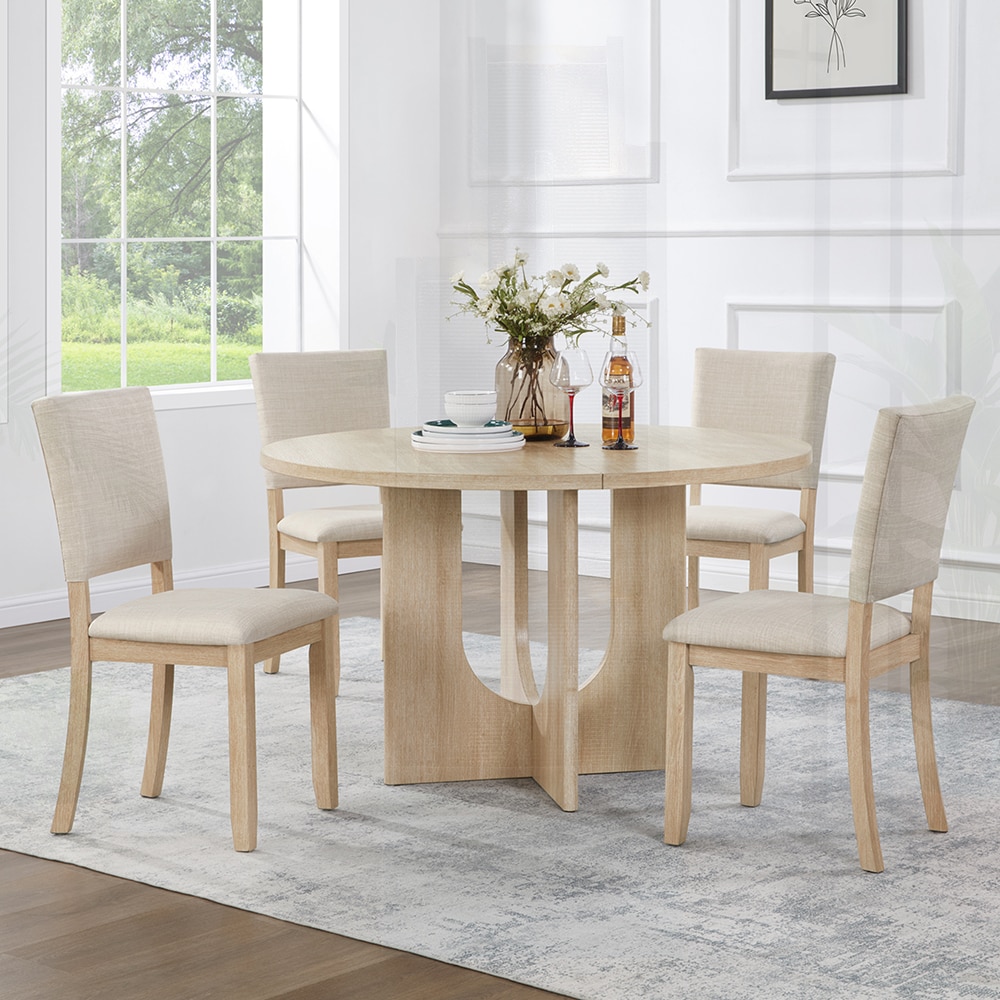Watnature 47.3 Inch Round Dining Table Set with 4 Upholstered Chairs ...