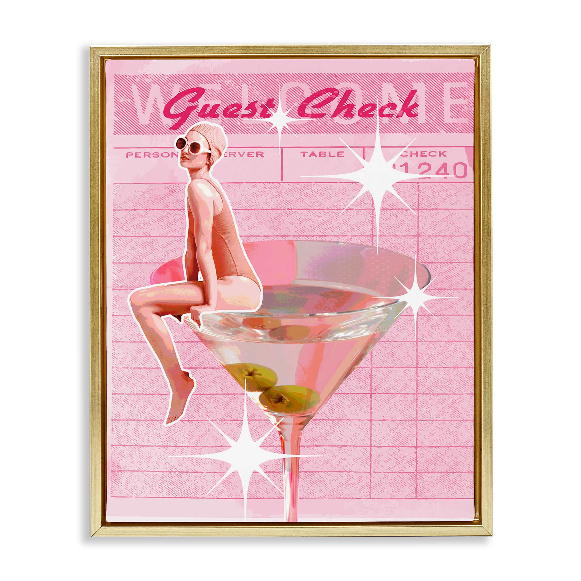 Stupell Industries BT-095-FFG-16X20 Retro Restaurant Check Cocktail Gold Framed Floater Canvas Wall Art By Lil' Rue 17 x 21
