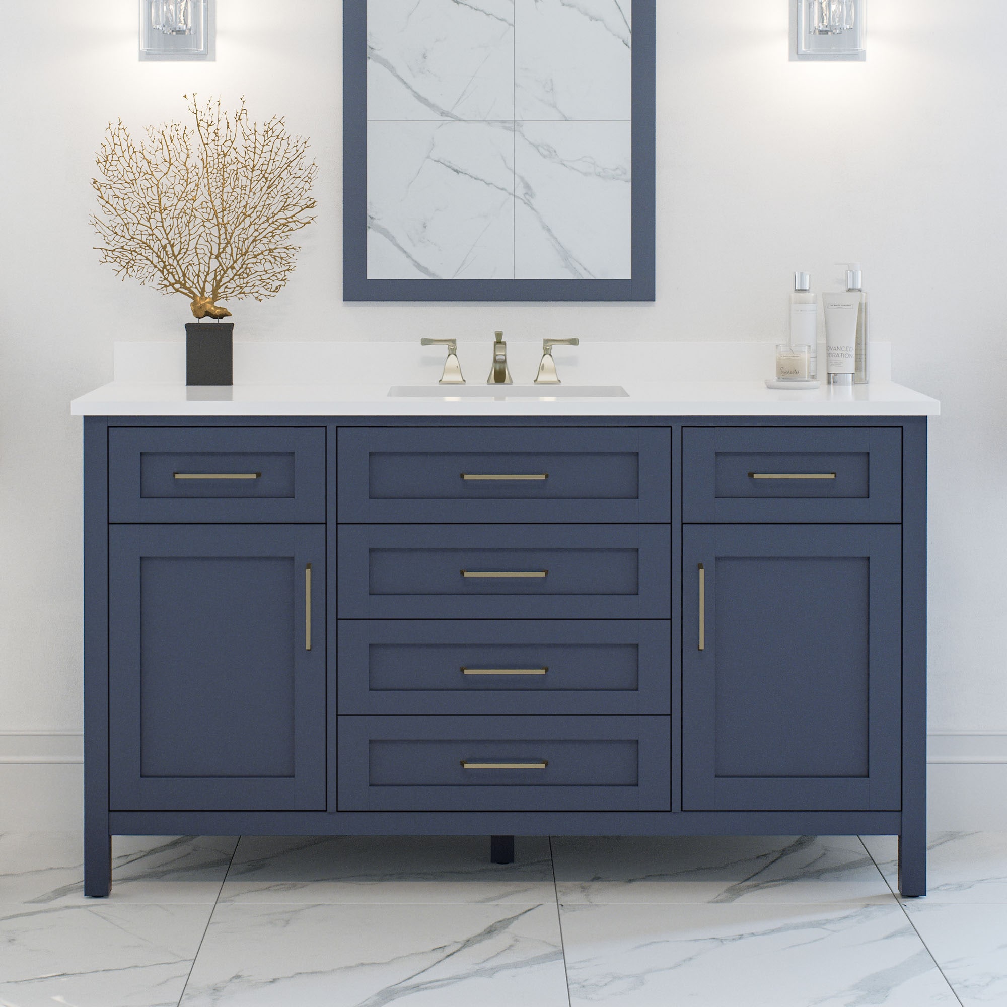 OVE Decors 15VVA-TAH260-045 Tahoe 60-in Midnight blue Undermount Single sink Bathroom Vanity with White Engineered stone Top