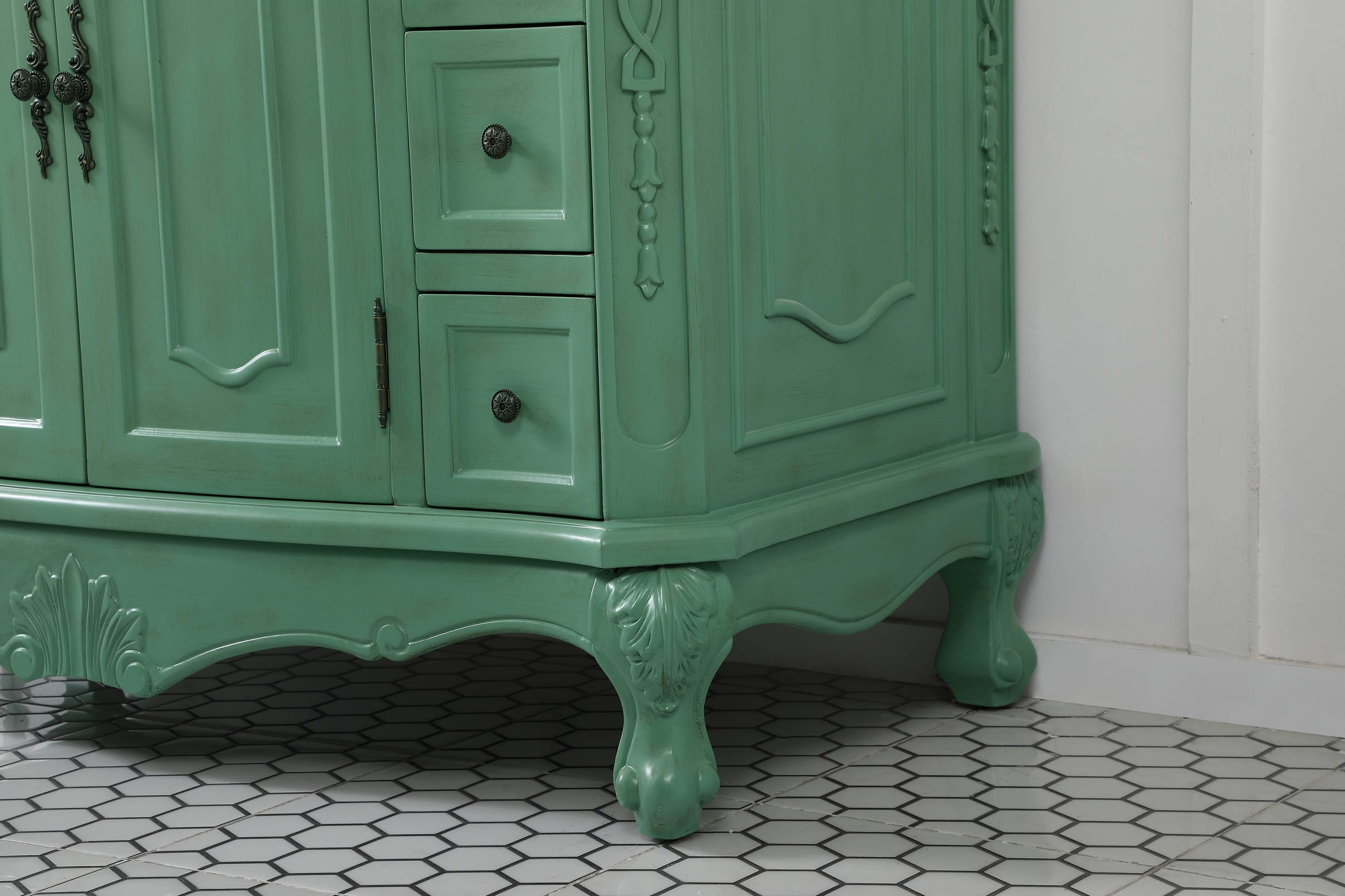 Vintage Mint Solid Wood Single Bathroom Vanity with Marble Top