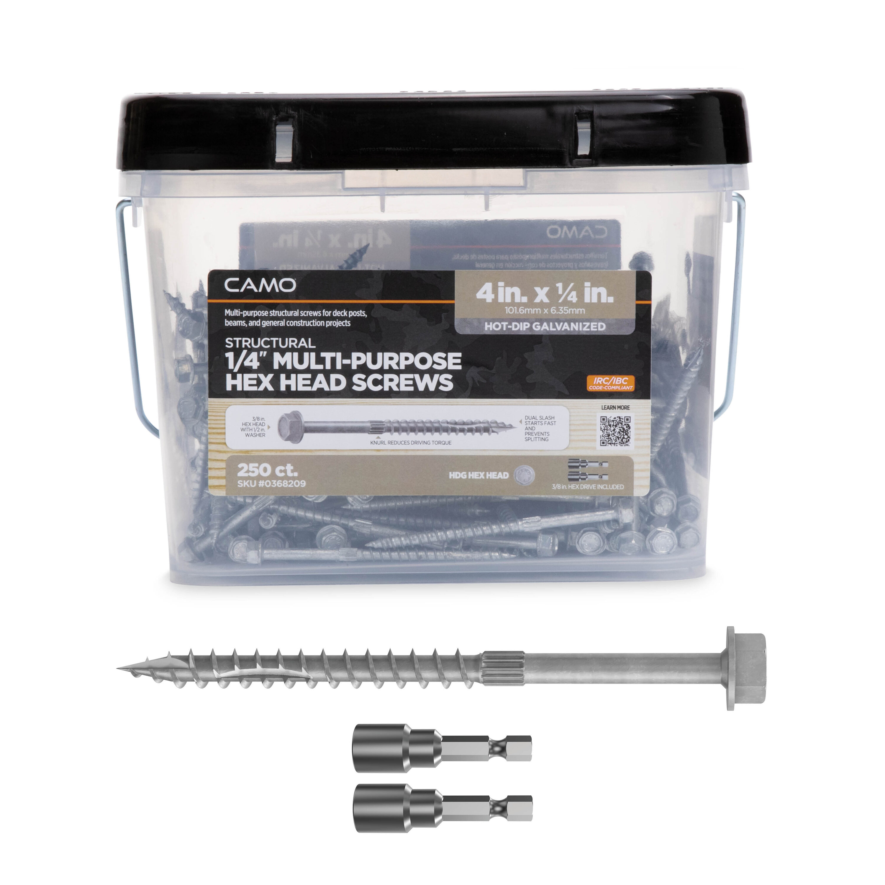 CAMO 0368209 1/4-in x 4-in Hot-dipped galvanized Hot-Dipped Galvanized Hex -Head Exterior Structural wood screws 250 -Pack