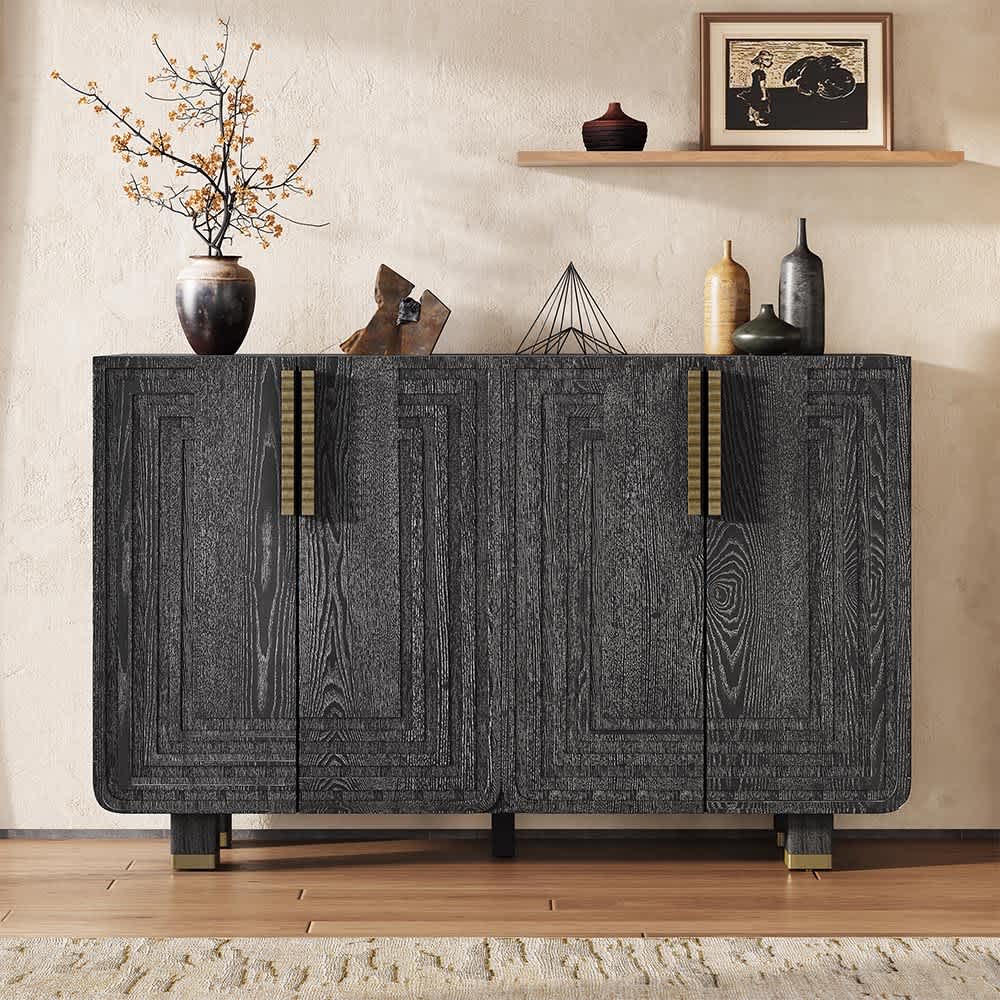 JUJABU DINCABINET-1 Black 54 Retro Buffet Cabinet with Storage 4 Door Vintage with Adjustable Shelves for Dining Room