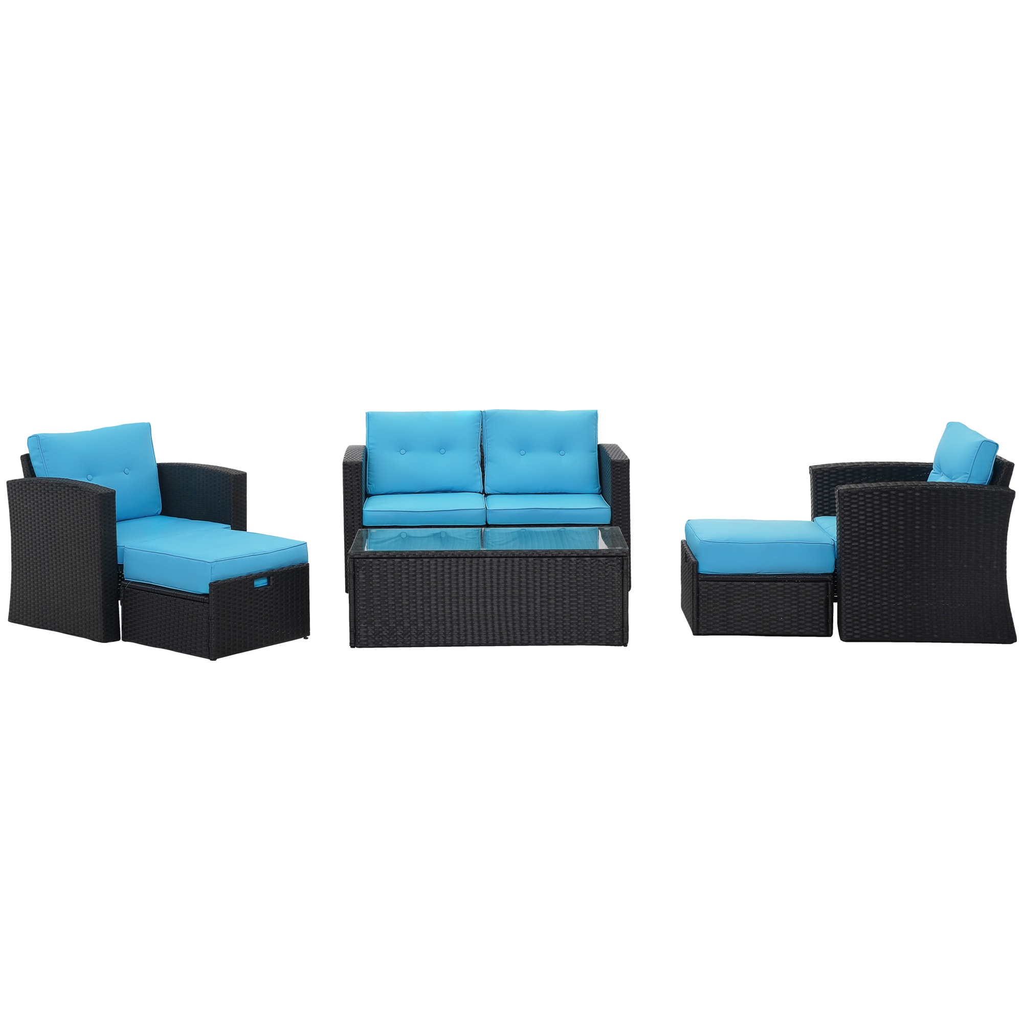 FOREST HOME FRQ07-BL 6 Wicker Black Rattan Frame Stationary Conversation Chair with Blue Cushioned Seat