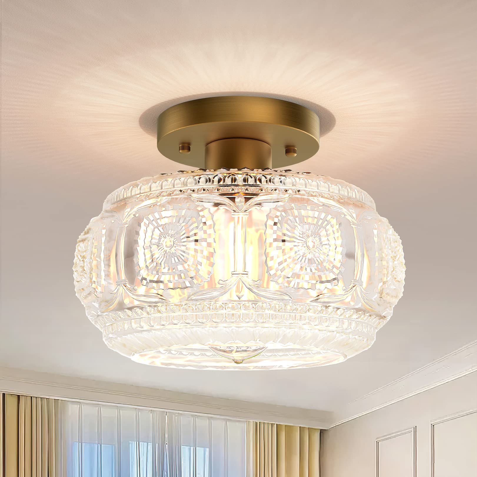 Adrinfly  Semi Flush Mount Ceiling Light Globe Glass Ceiling Light Fixture Gold Modern Lighting for Hallway Porch Corridor Kitchen Bedroom Bulb