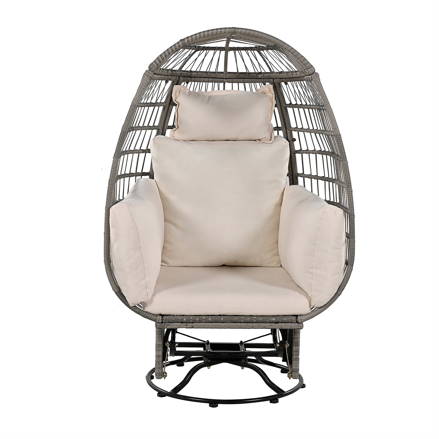 SINOFURN SYA330098BG Rattan Gray Iron Frame Swivel Egg Chair with Off-white Cushioned Seat