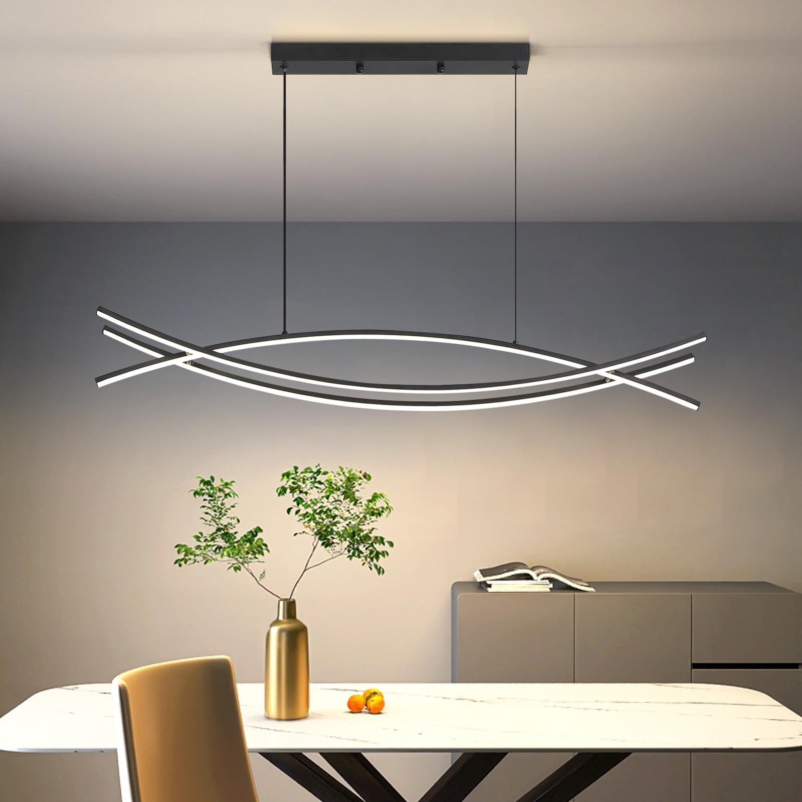 Lukvuzo  Modern LED Linear Chandelier 47 Inch Black Dimmable Pendant Light with Remote Adjustable 3000K to 6500K for Dining Room Living Room