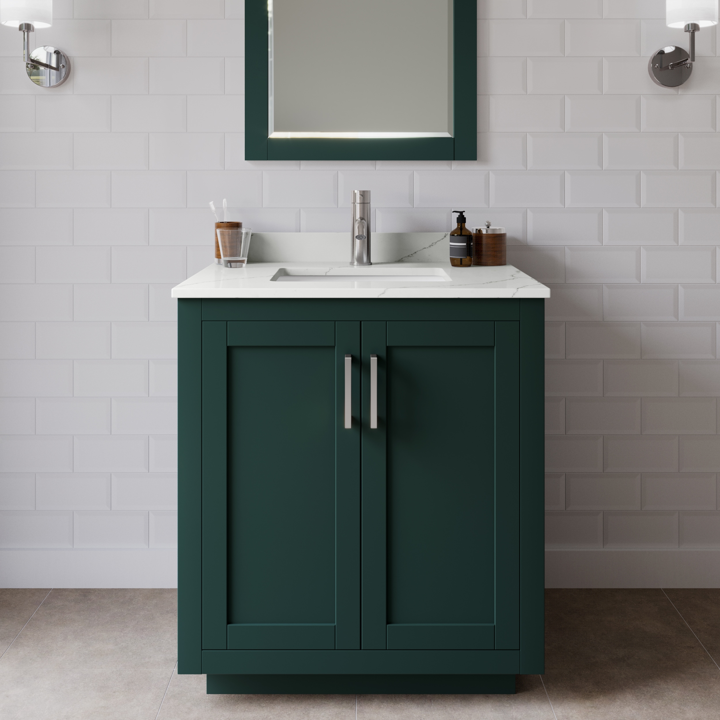 Wyndham Collection WCF292930SGEGTUNSM24 Miranda 30-in Green Undermount Single Sink Bathroom Vanity with Giotto Quartz Top (Mirror Included)
