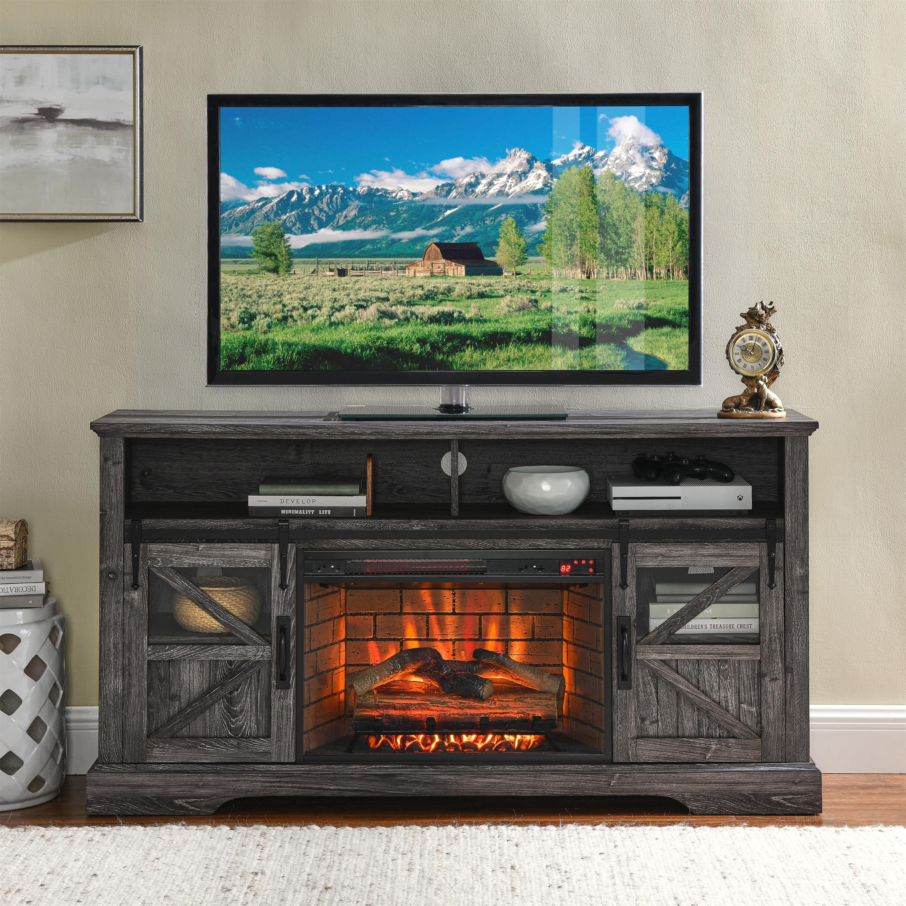 BABOOM BOM-69S003-OR 60-Inches W Gray TV Stand with Fan-forced Wall-mount Electric Fireplace with Remote Control Included