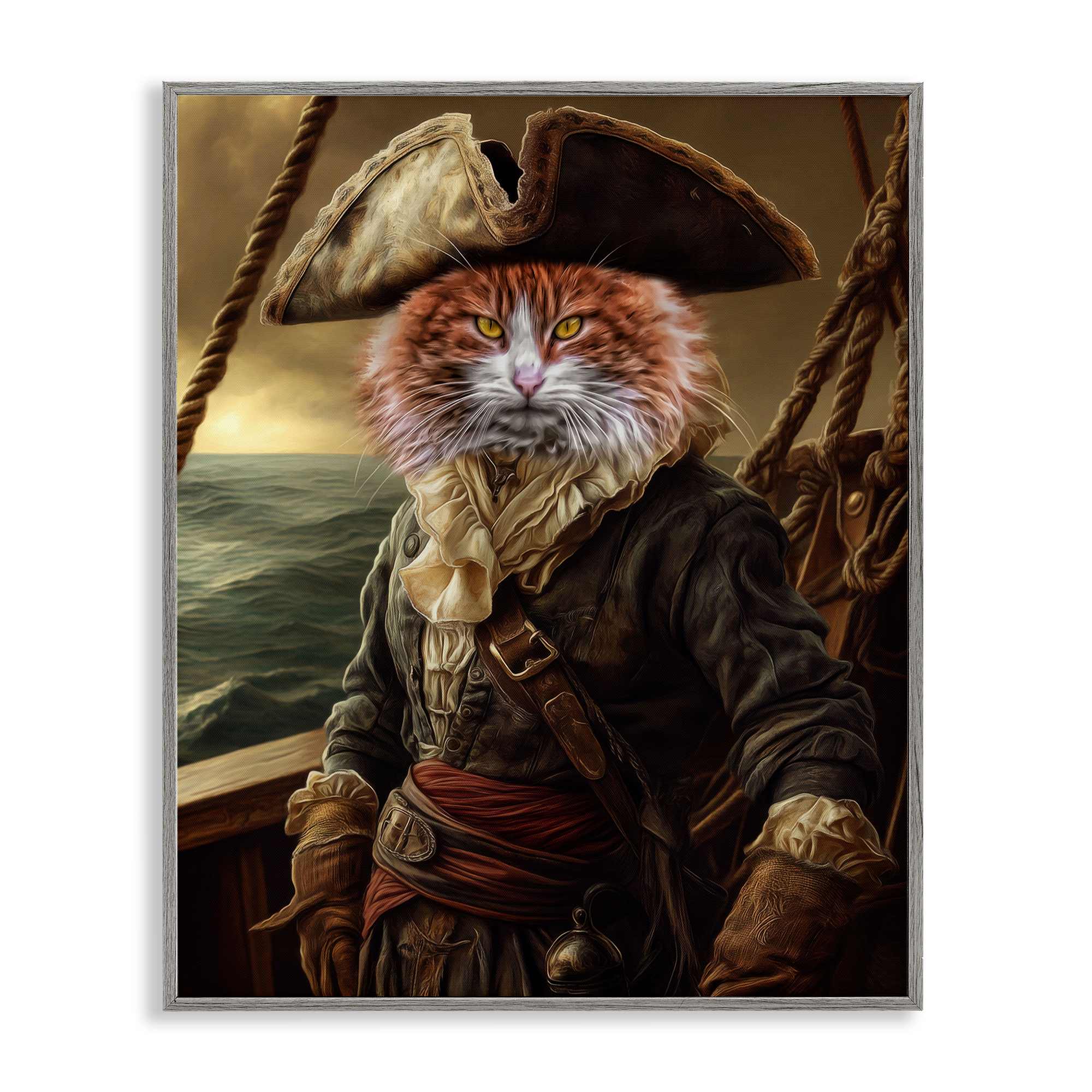 Stupell Industries BY-753-GFF-16X20 Swashbuckling Whiskers Cat Gray Framed Giclee Art 16 x 20