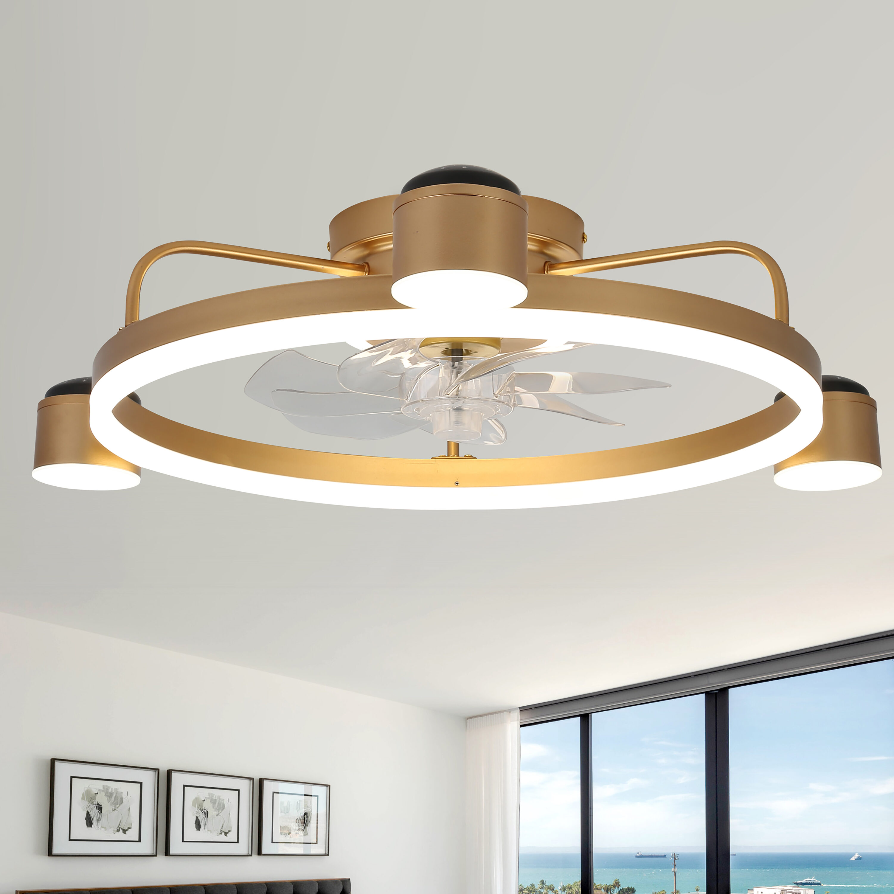 Cusp Barn DC2001-G DC2001 28-in Color-Changing Integrated LED Flush Mount Smart Gold with Plastic Blades Ceiling Fan With Light - Remote Included ( 7 -Blade )