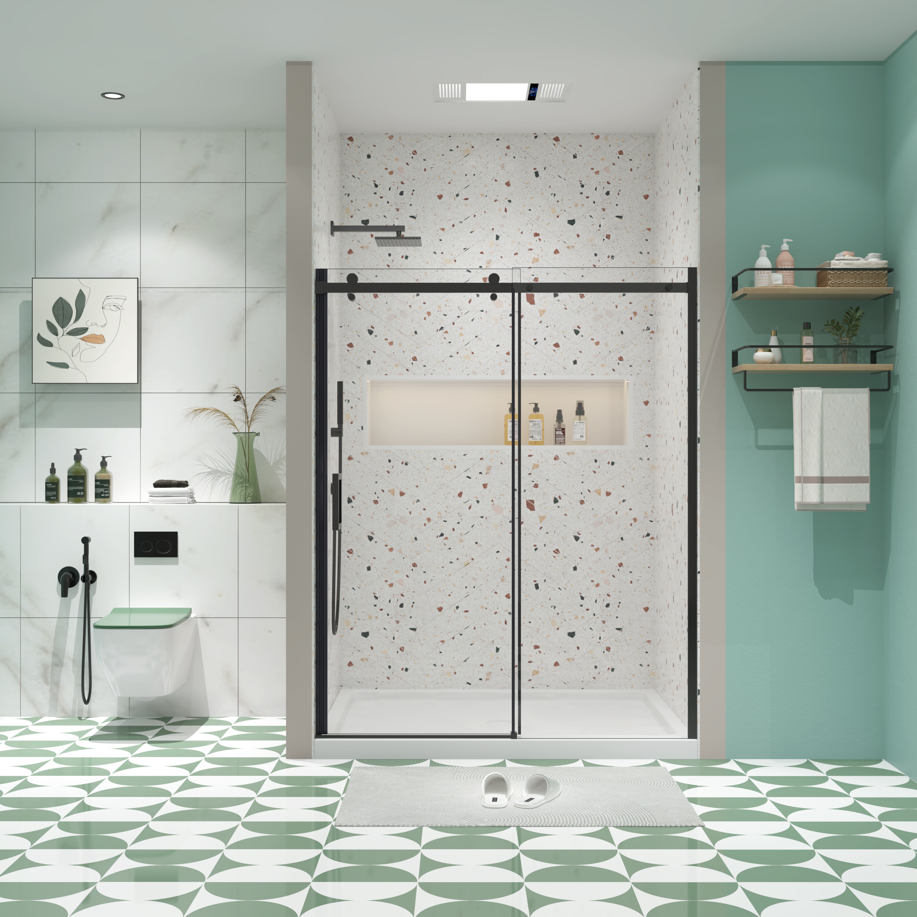 GDFStudio Kelly 46-48 in. W x 74 in. H Modern Frameless 5/16 in. (8mm) Tempered Glass Sliding Shower Door with Heavy Duty Roller System - Matte Black