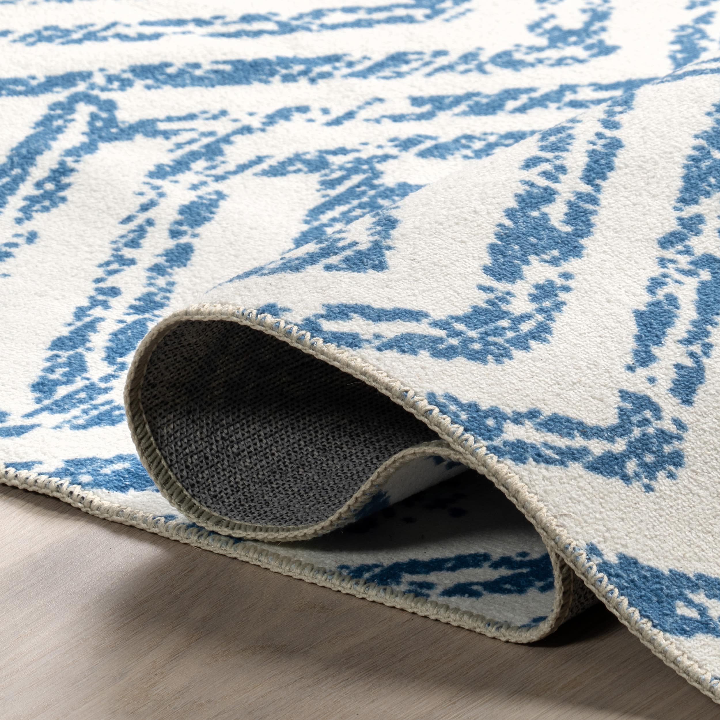 Rosanne Blue and Ivory Geometric 5' x 8' Washable Synthetic Area Rug
