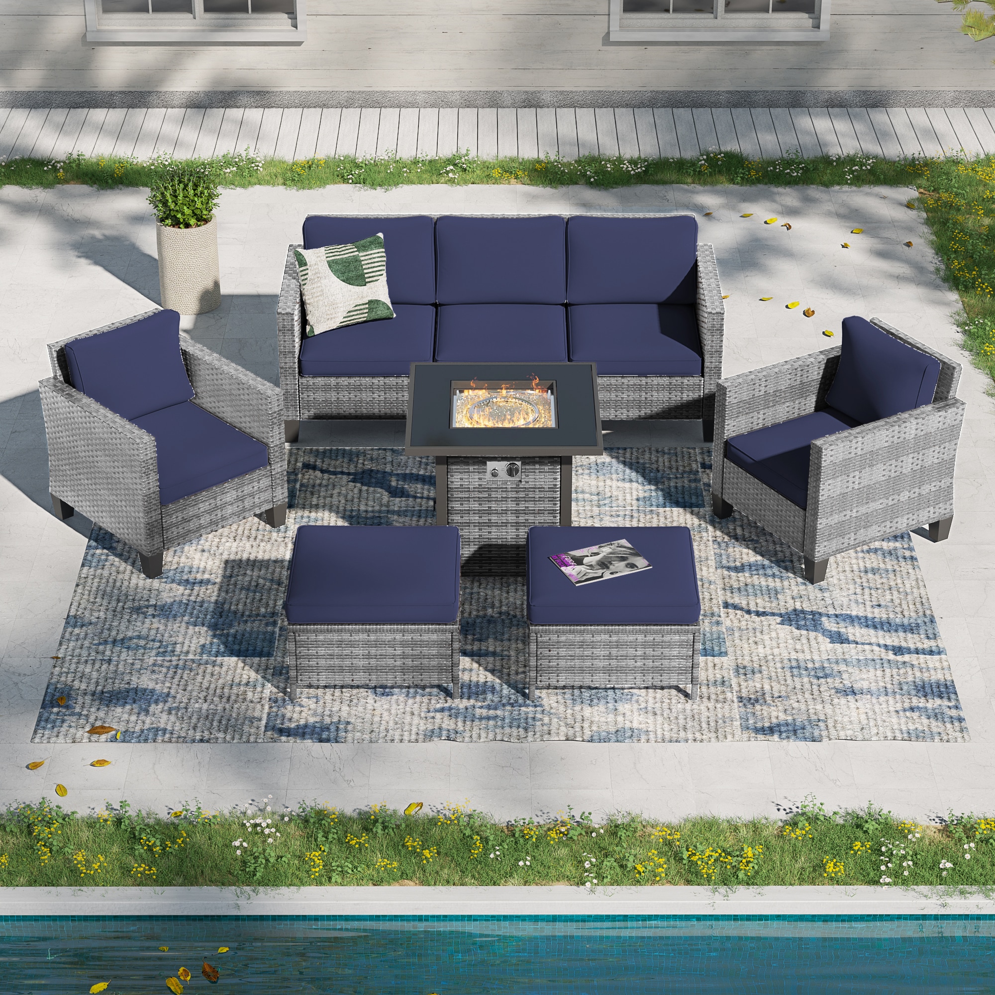 ACEGOSES LW-115HNY-T4 Skytop 6 -Piece Wicker Patio Sofa Conversation Set with Blue Cushions