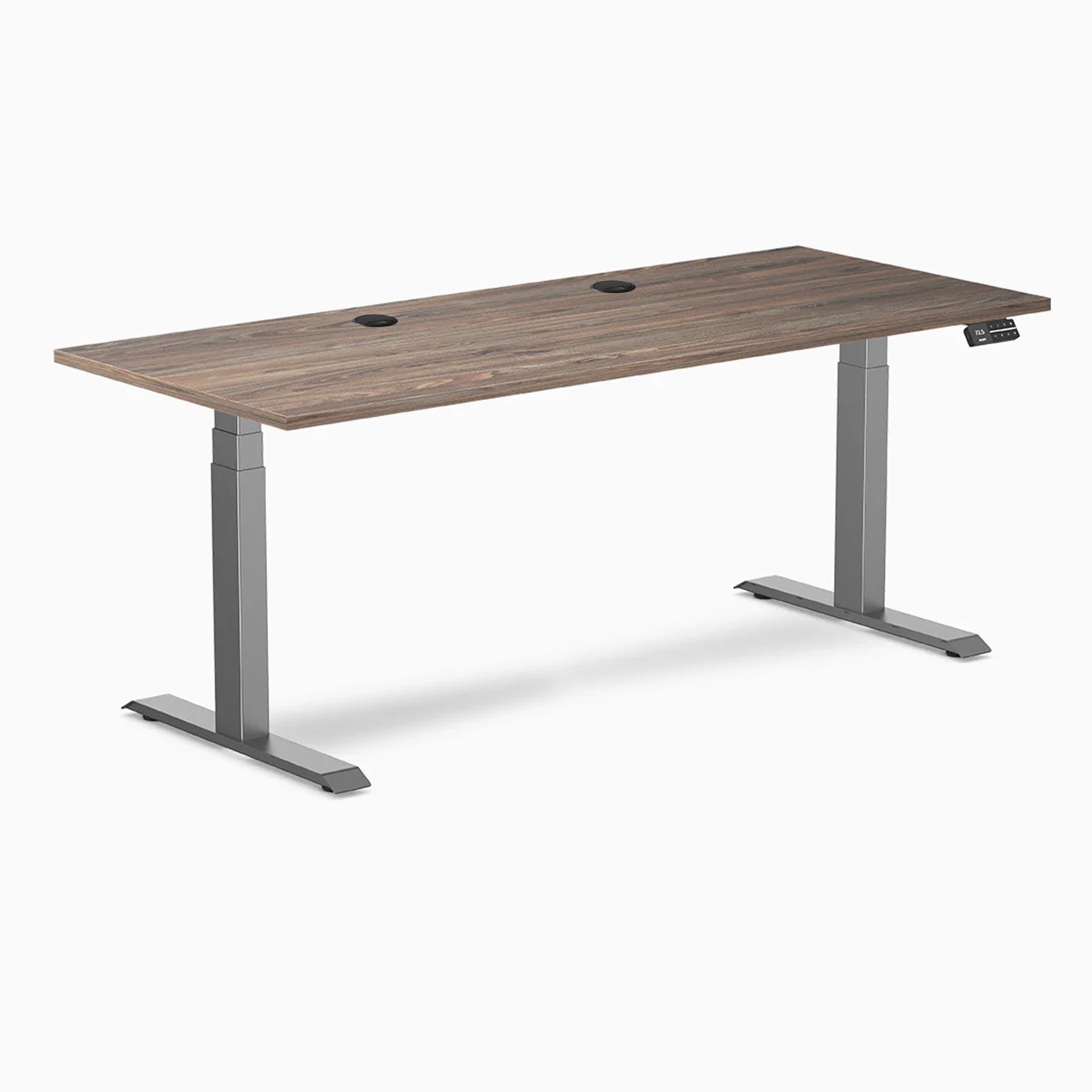 Desky  Dual Laminate Sit Stand Desk - Natural Walnut / 70.9 x 29.5 inches with Grommets / Space Gray