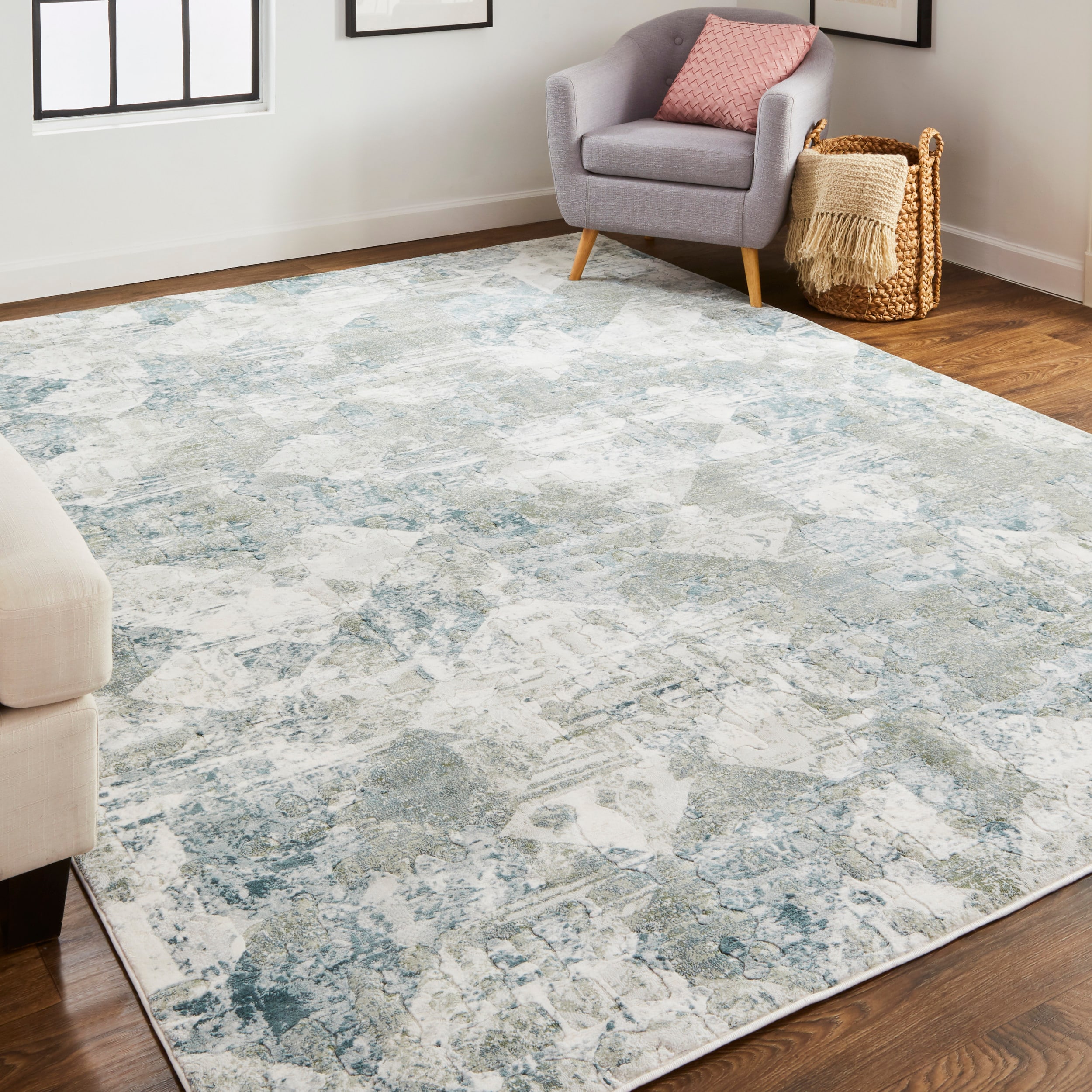 Ivory and Green Geometric Synthetic Area Rug