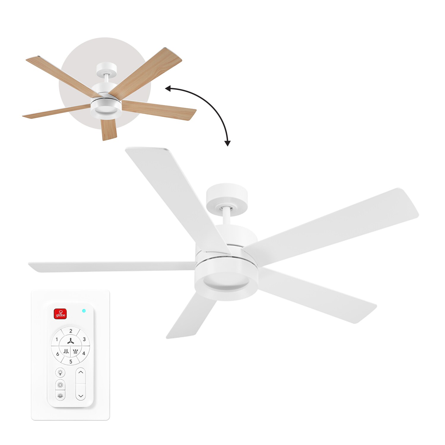 Globe Electric 91010496 52-in Integrated LED Outdoor Matte white with Matte Blades Ceiling Fan With Light and Remote ( 5 -Blade )
