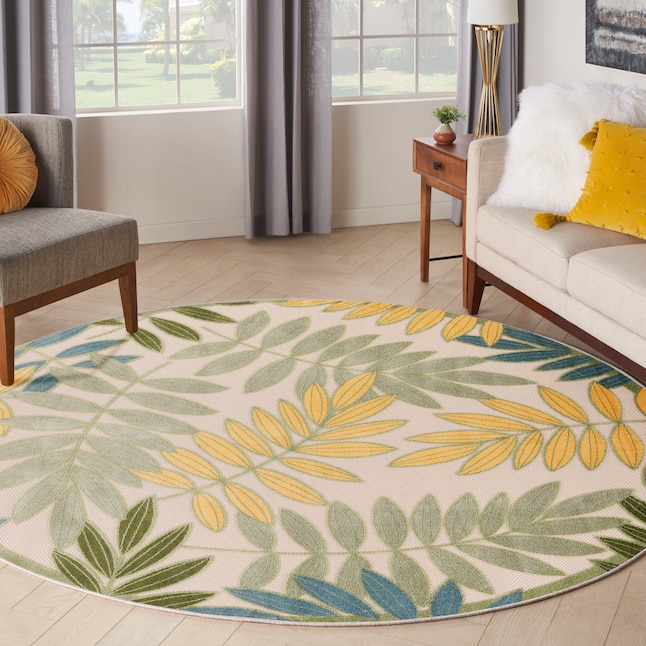 Nourison Home 099446953179 8 x 8 (ft) Loomed Green Multicolor Round Indoor/Outdoor Floral/Botanical Tropical Area rug