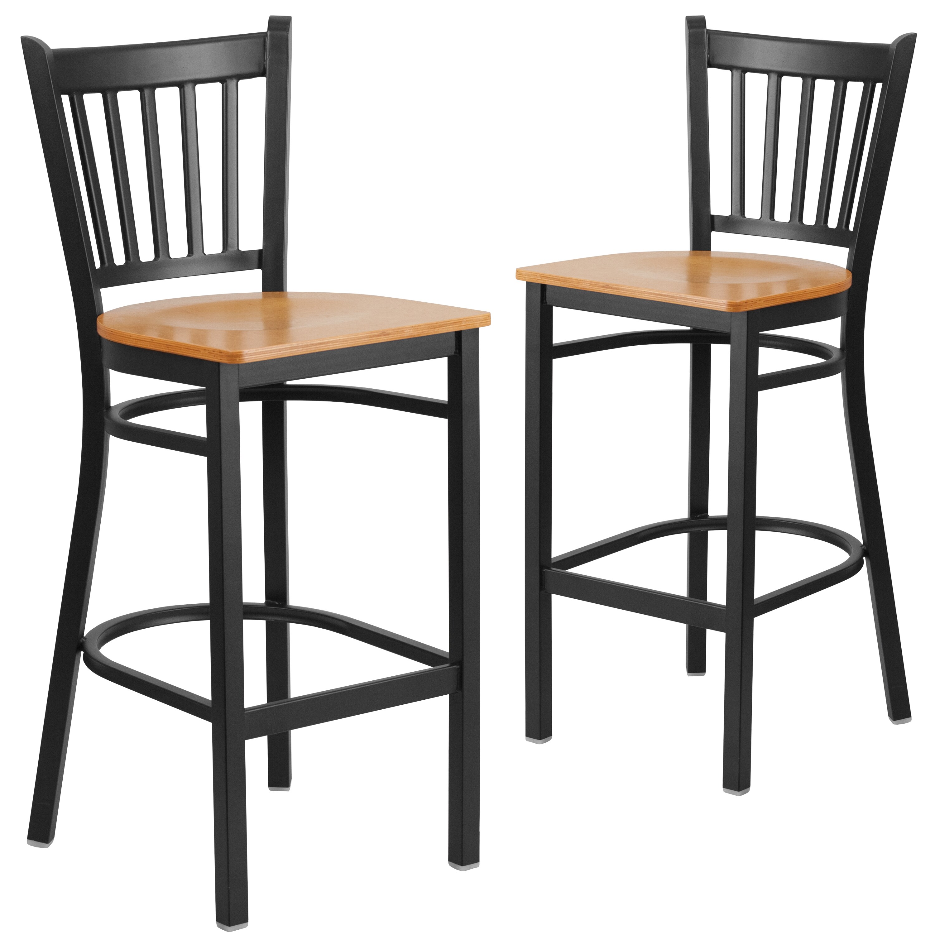 Emma + Oliver - 2 Pack Black Vertical Back Metal Restaurant Barstool - Natural Wood Seat