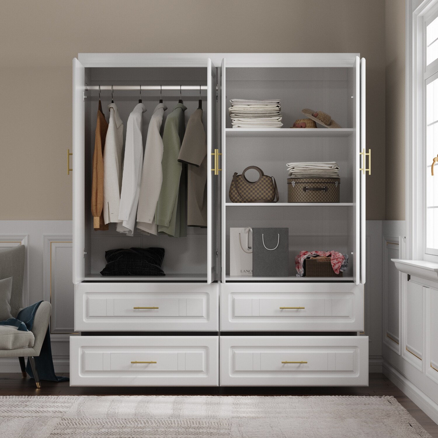 FUFU&GAGA Contemporary 4-Door Wardrobe Closet with 2 Drawers, Durable PB  Board Construction, Distressed Paint Finish, Hanging Rods in the Armoires  department at