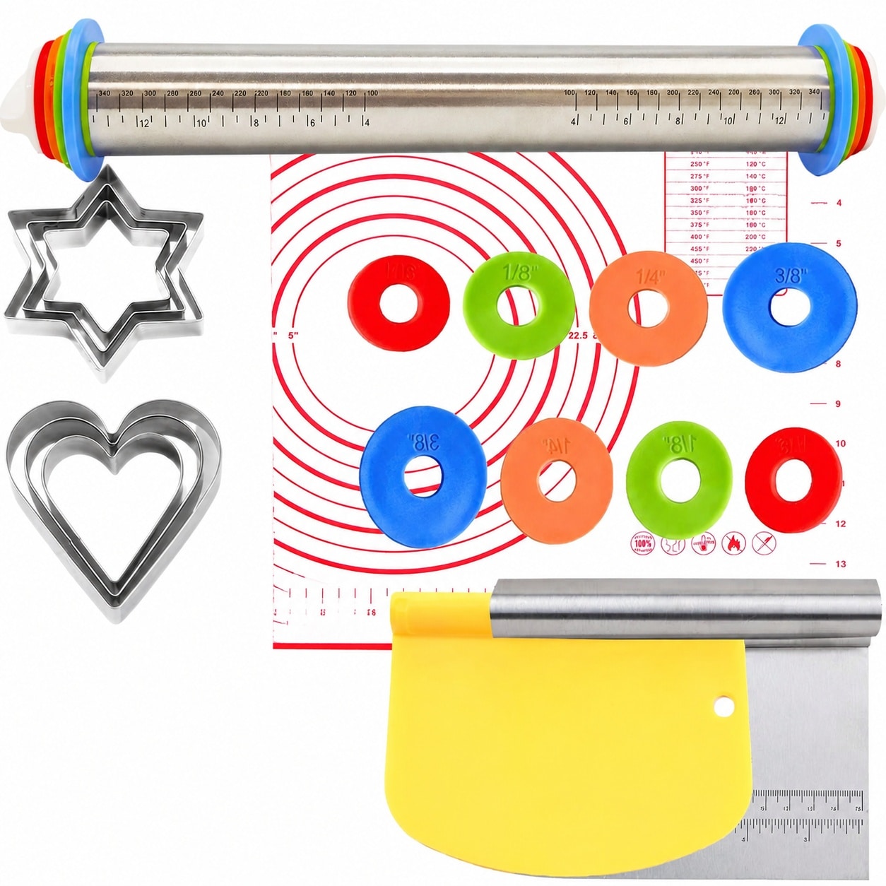 Aoibox  Adjustable Stainless Steel Rolling Pin Set with Silicone Pastry Mat Thickness Rings and Baking Accessories