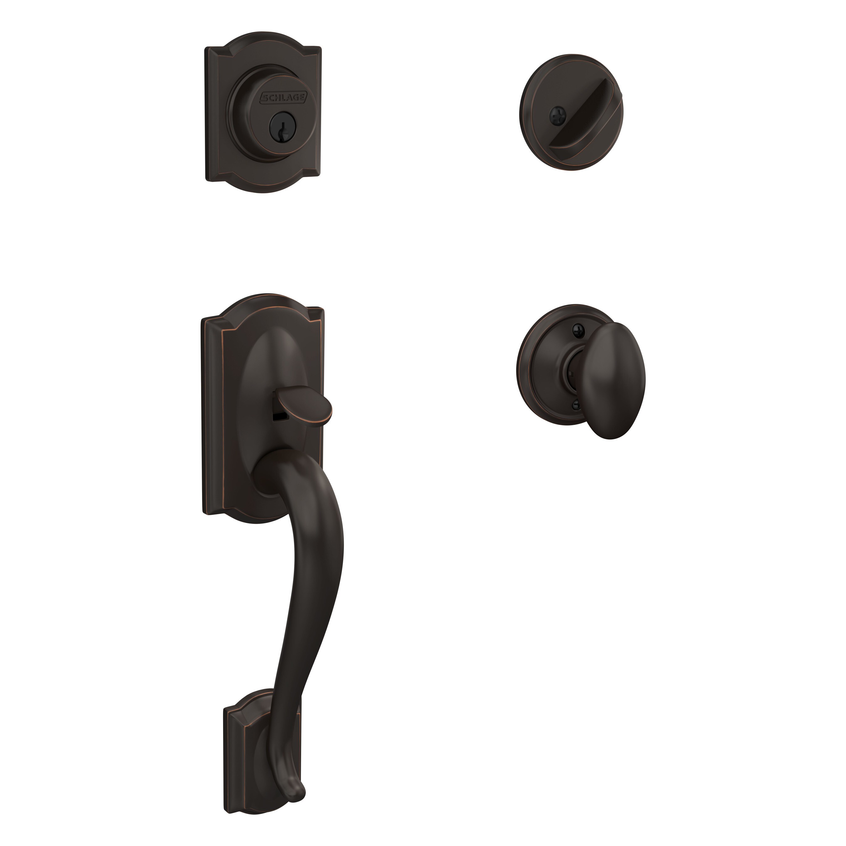 Schlage F60 V CAM 716 SIE Camelot Aged Bronze Single-Cylinder Deadbolt Keyed entry door handleset with Knob