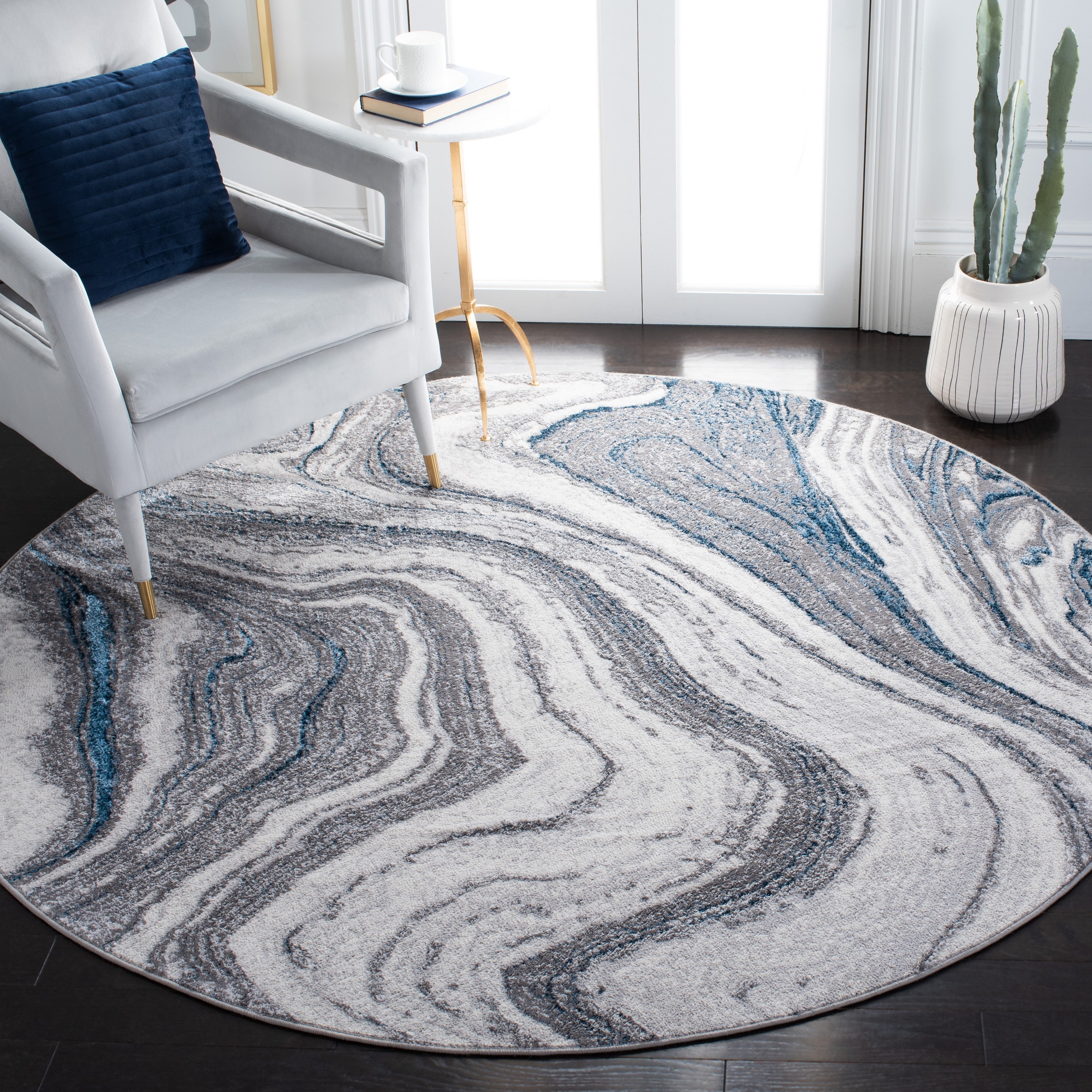Safavieh ALA211F-7R Amelia Bernharda 7 x 7 (ft) Loomed Synthetic Gray/Blue Round Indoor Geode Bohemian/Eclectic Area rug