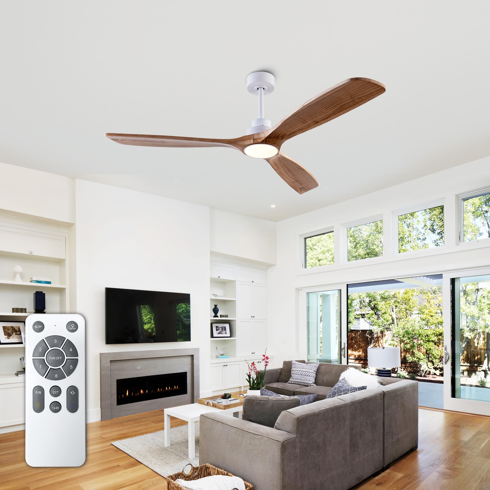 JUSHUA 52-in Natural Wood 3 Wood Blade Farmhouse Ceiling Fan with Light ...