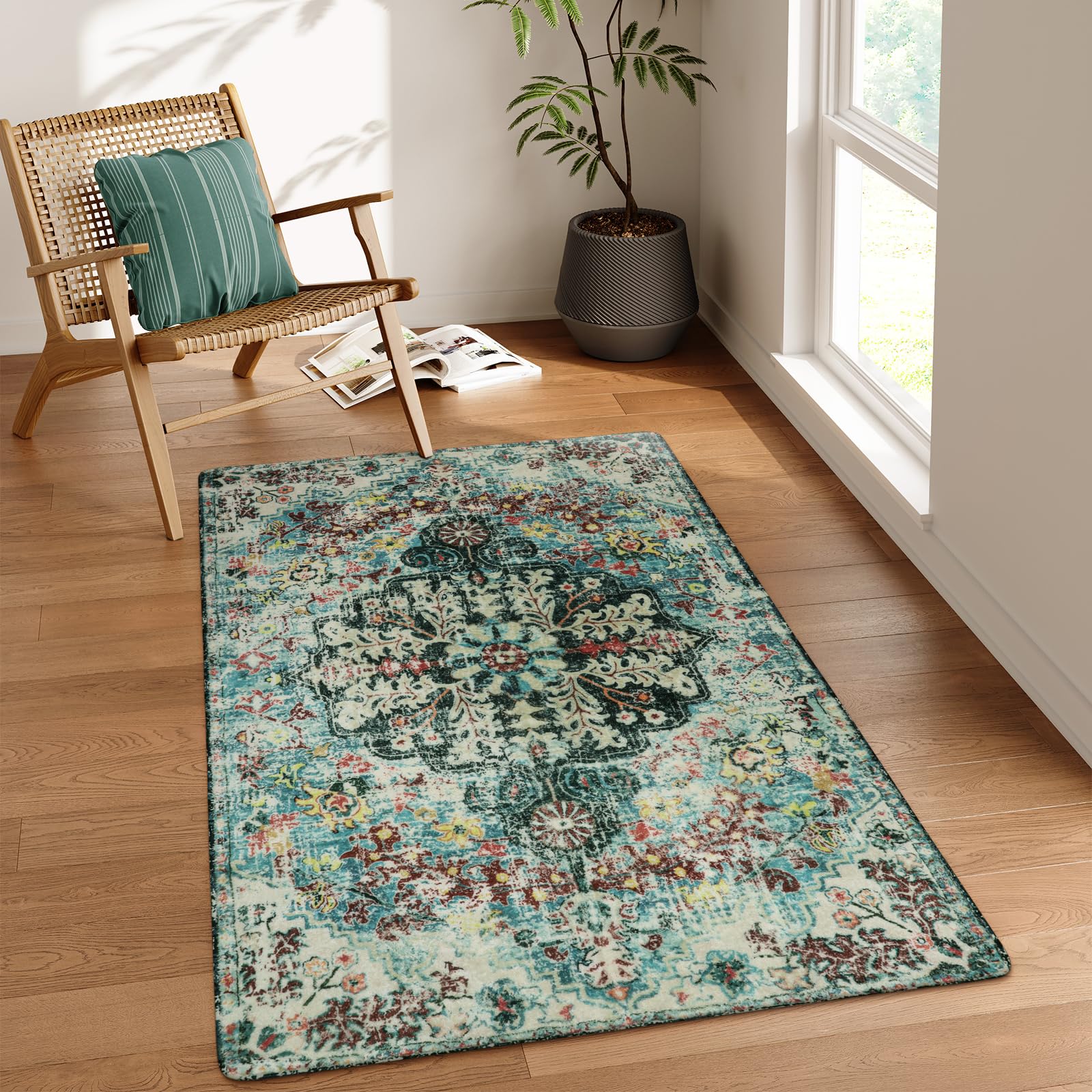 Lahome H53-636LLSALD-90X150 2 x 6 (ft) Green Ethnic Style Faux Cashmere Rectangular Indoor Area Rug