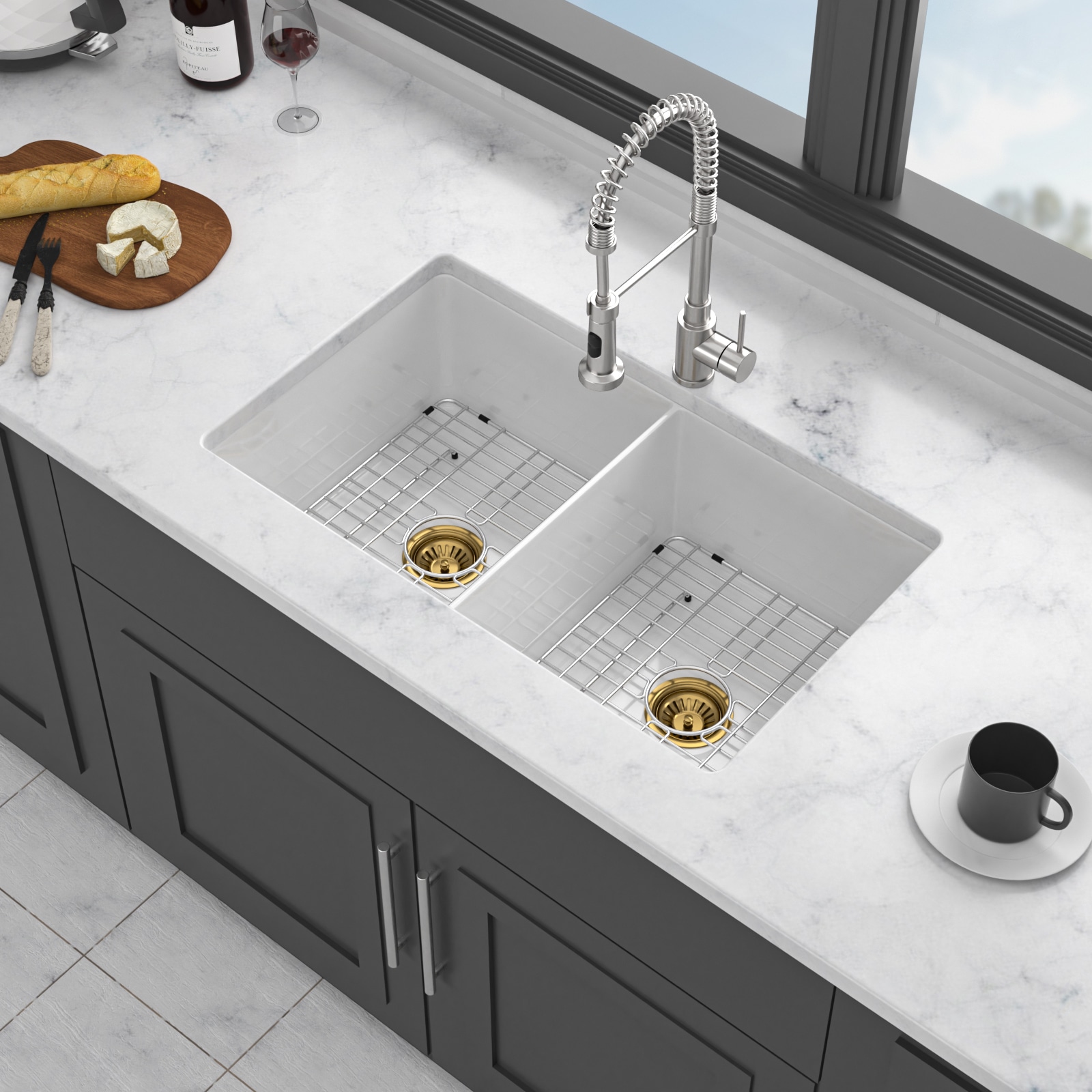 Tatayosi 32 inch Undermount Double Bowl Porcelain Ceramic Kitchen Sink Dual Mount White Rectangular Deep Basin