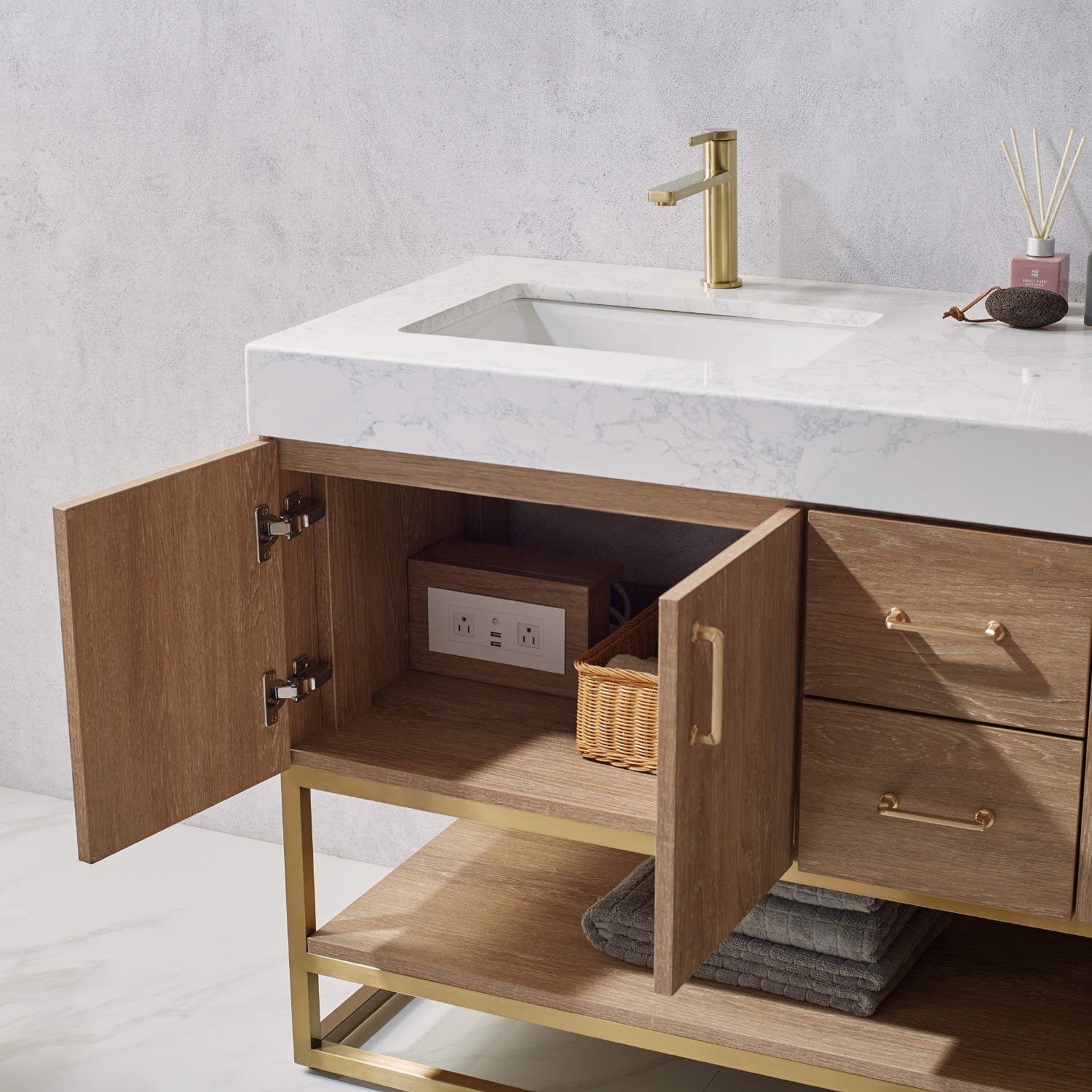 Alistair 60" Oak Double Vanity with White Stone Top and Brushed Gold Trim