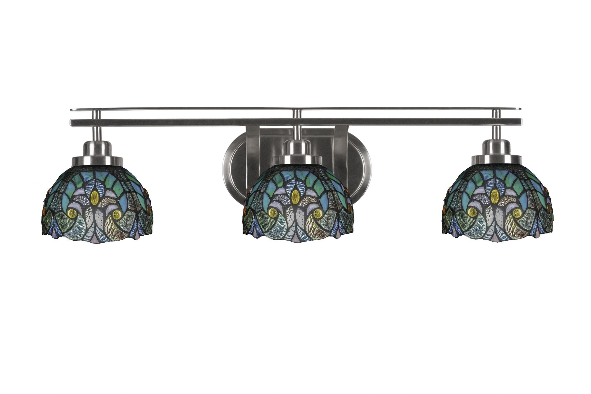 Toltec Odyssey - 3 Light Bath Bar-7.5 Inches Tall and 28.75 Inches Length-Brushed Nickel Finish-Turquoise Cypress Art Glass Col