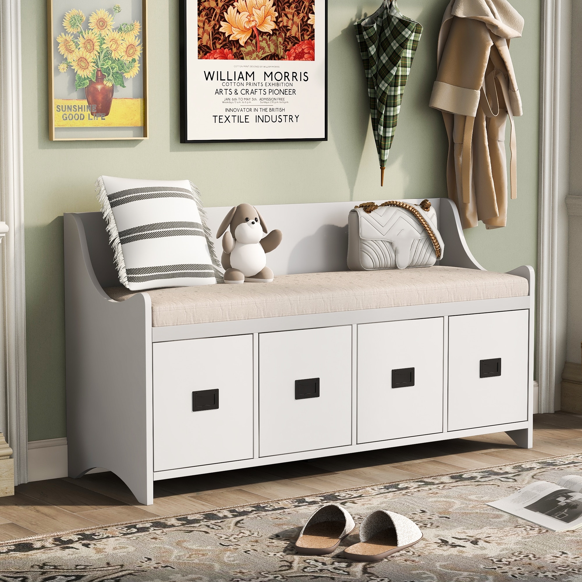 Qeetex Movable Cushion Storage Bench with Drawers and Backrest Shoe Bench Bench with Removable Cushion for Entryway and Living Room