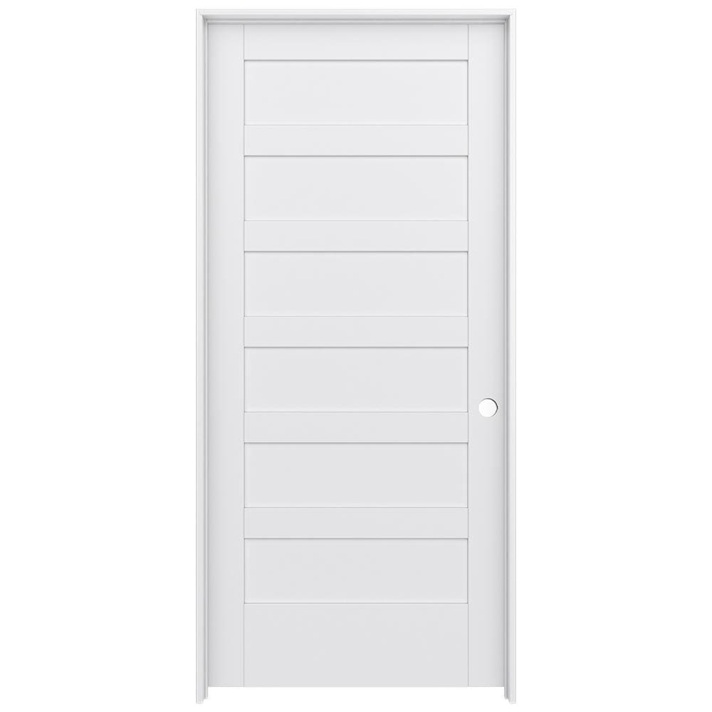 JELD-WEN LOWOLJW221100969 36-in x 80-in Primed Solid core 6-panel Left hand Smooth Primed MDF Flat Jamb Single Prehung Interior Door